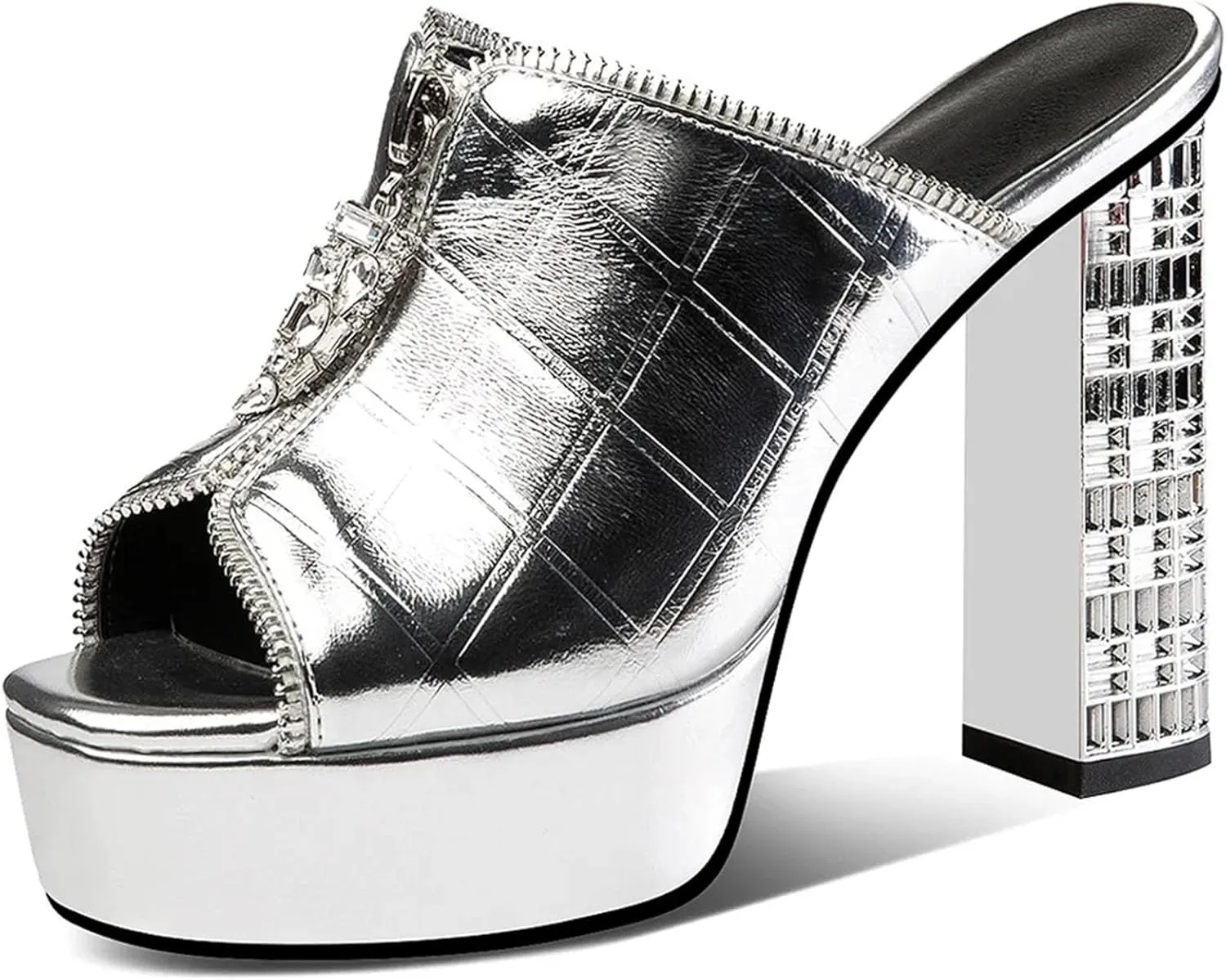 Women's Cow Leather Sandals - Silver Thick Heels, Round Toe Platform Summer Party