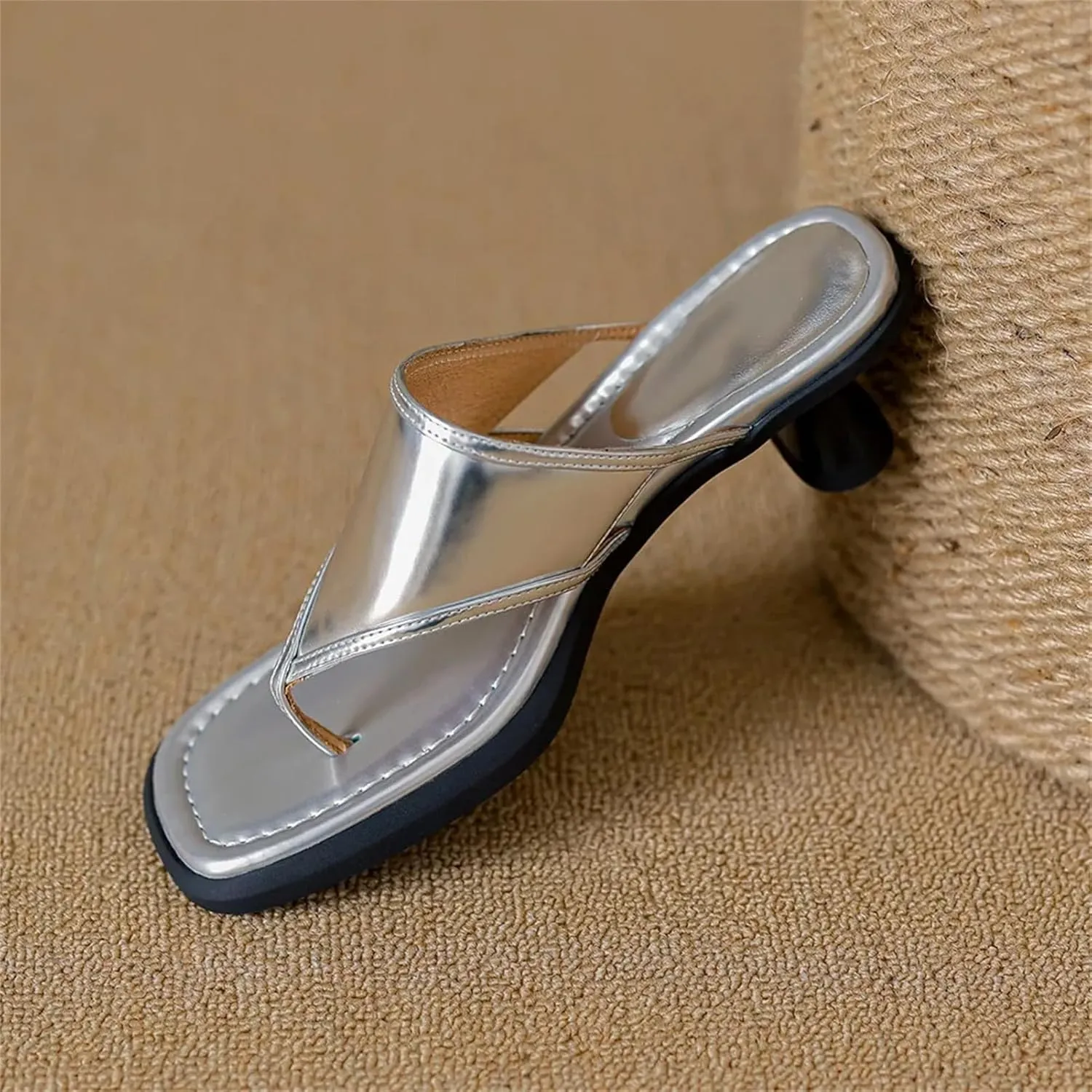 Women's Cow Leather Square Toe Sandals - Thick Heels Slip-On, Summer Casual