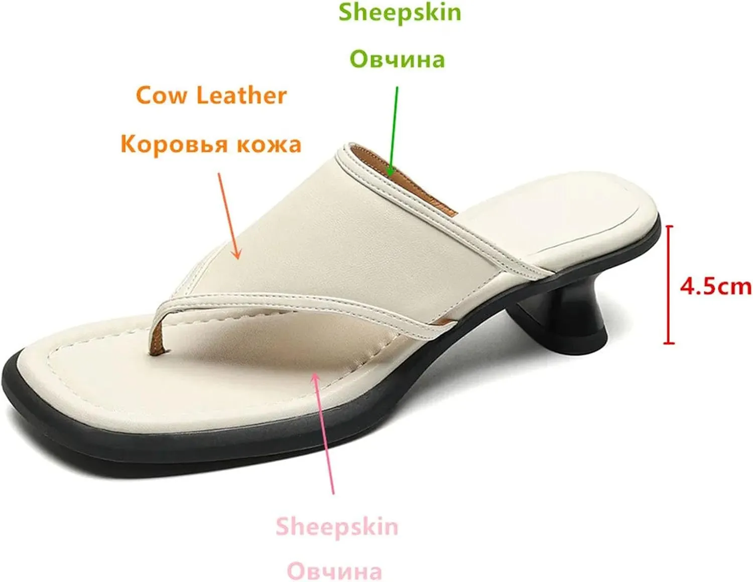Women's Cow Leather Square Toe Sandals - Thick Heels Slip-On, Summer Casual