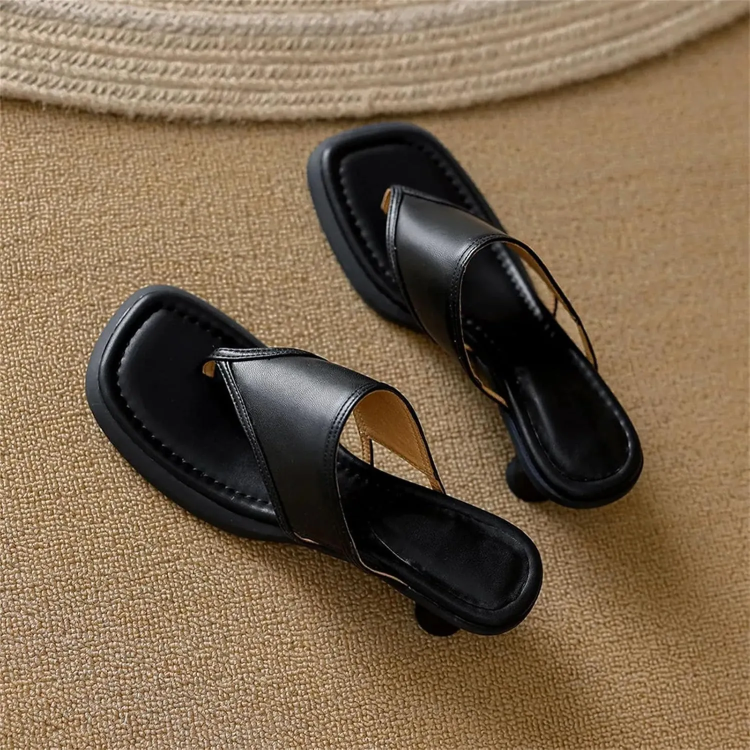 Women's Cow Leather Square Toe Sandals - Thick Heels Slip-On, Summer Casual