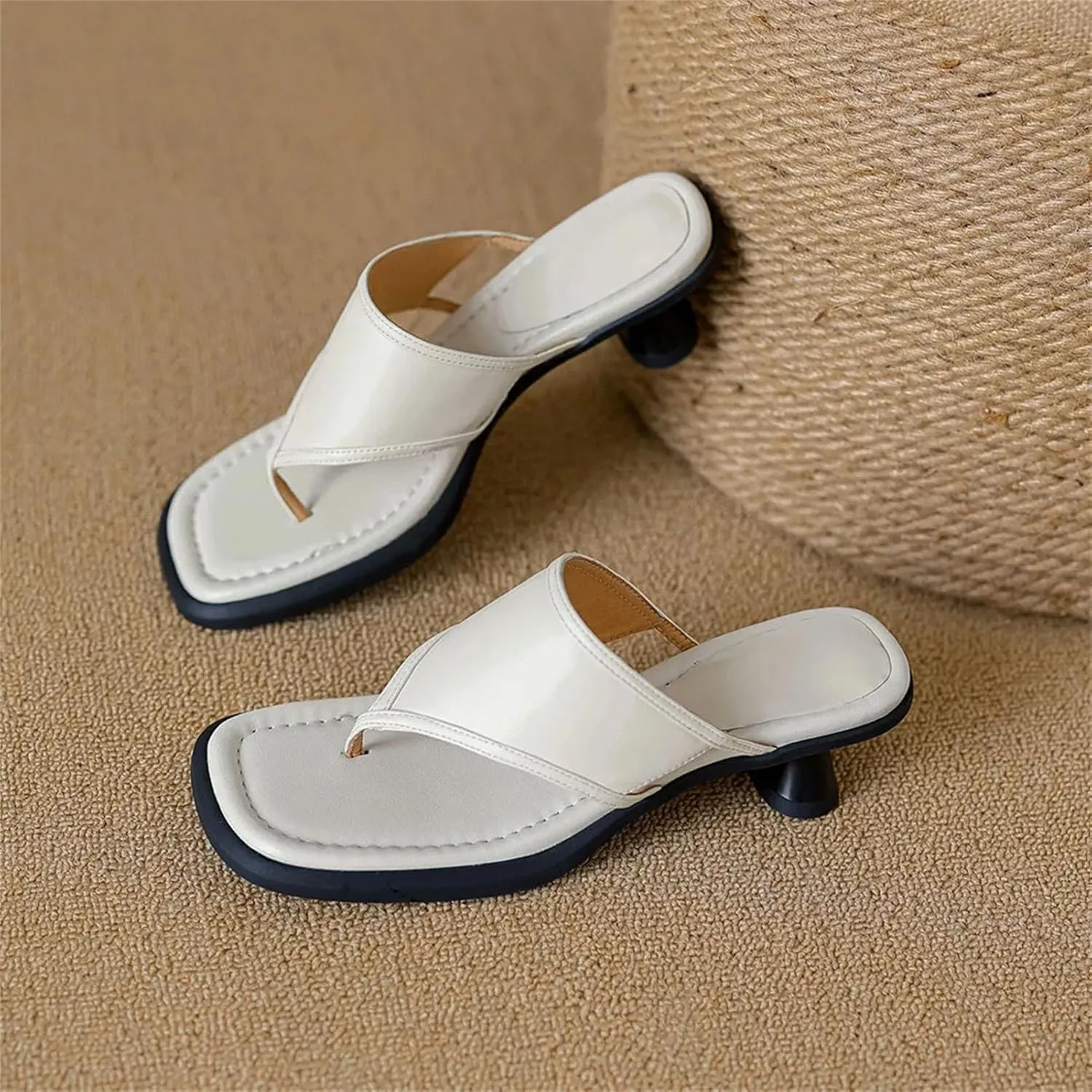 Women's Cow Leather Square Toe Sandals - Thick Heels Slip-On, Summer Casual