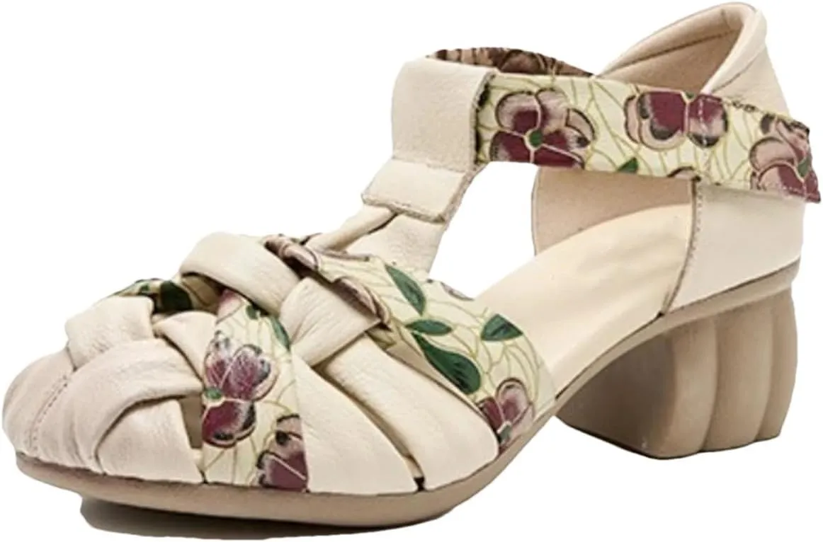 Women's Cow Weave Genuine Leather Hook Sandals - 5cm Chunky Heels Summer Comfy Hollow