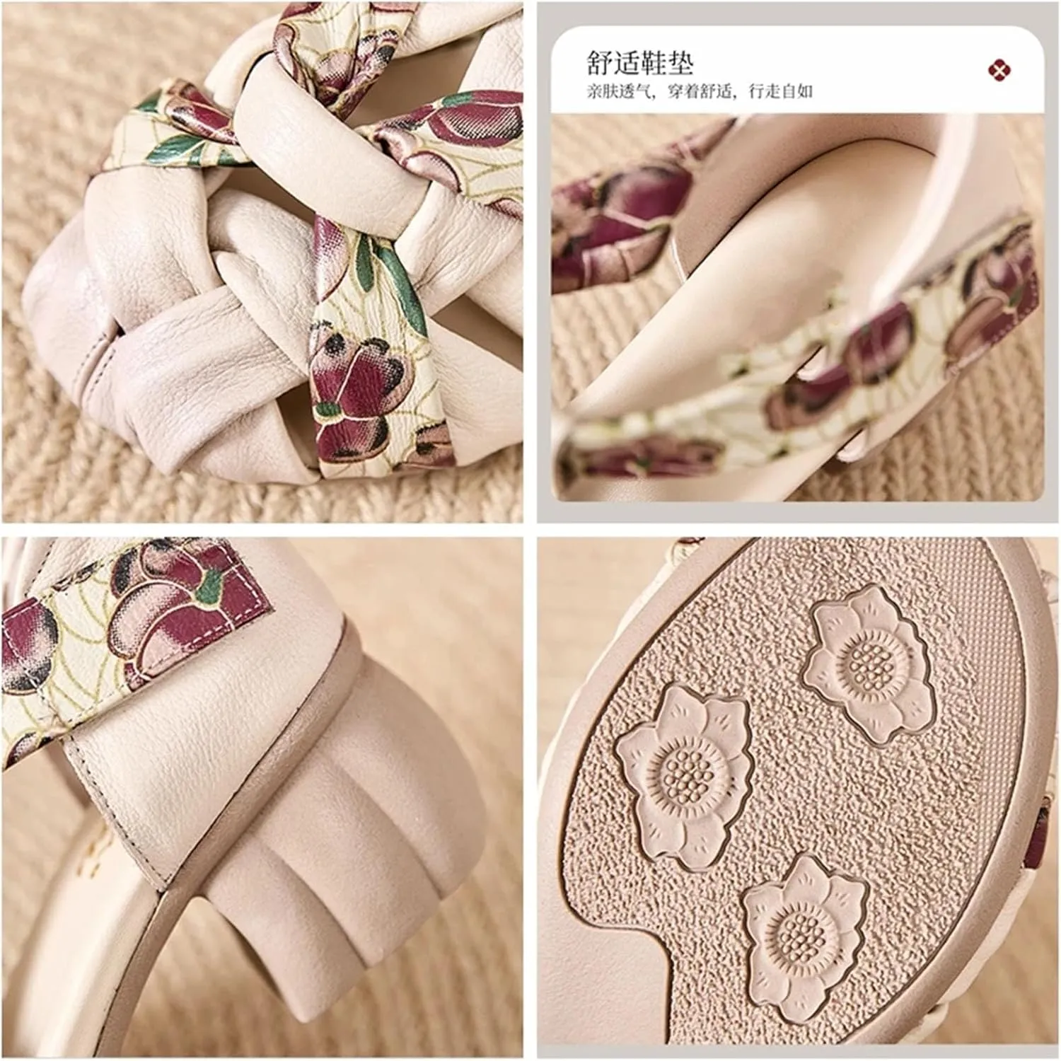 Women's Cow Weave Genuine Leather Hook Sandals - 5cm Chunky Heels Summer Comfy Hollow