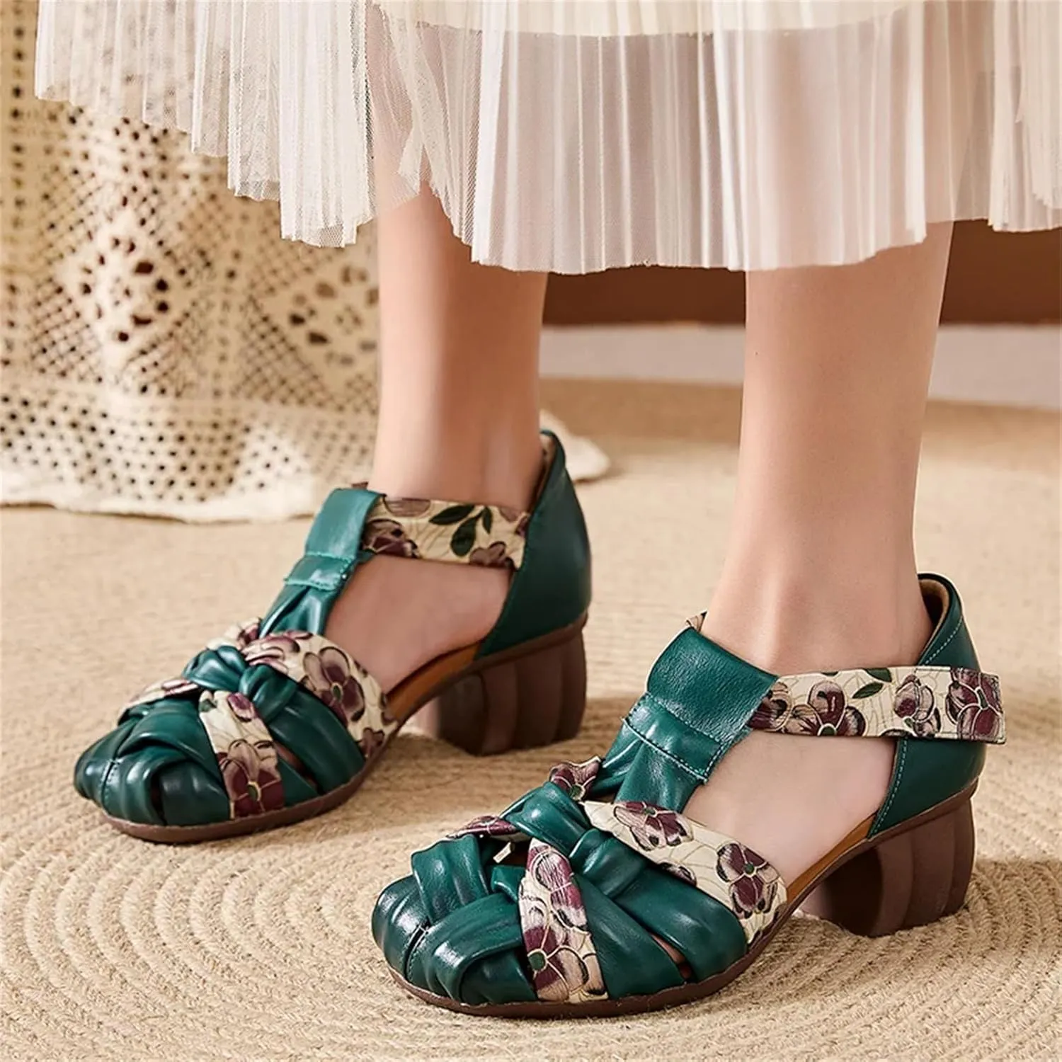 Women's Cow Weave Genuine Leather Hook Sandals - 5cm Chunky Heels Summer Comfy Hollow