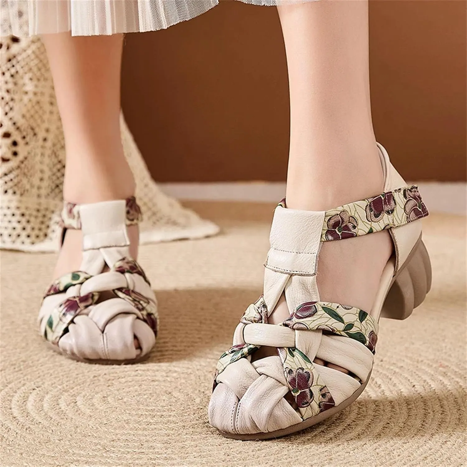 Women's Cow Weave Genuine Leather Hook Sandals - 5cm Chunky Heels Summer Comfy Hollow