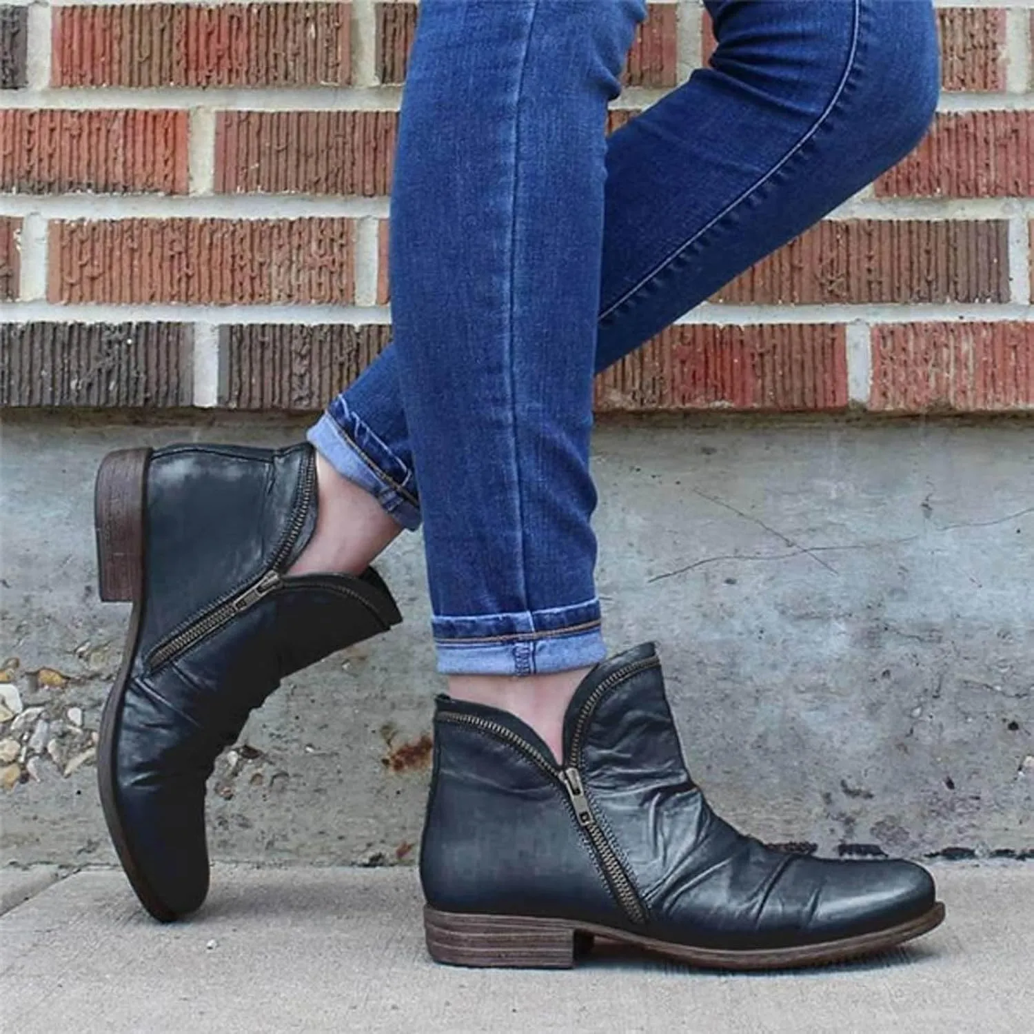 Women's Fashion Color Short Boots Autumn Winter Low Heel Boots Retro Side Zipper Soft Insole Square Heel Round Toe