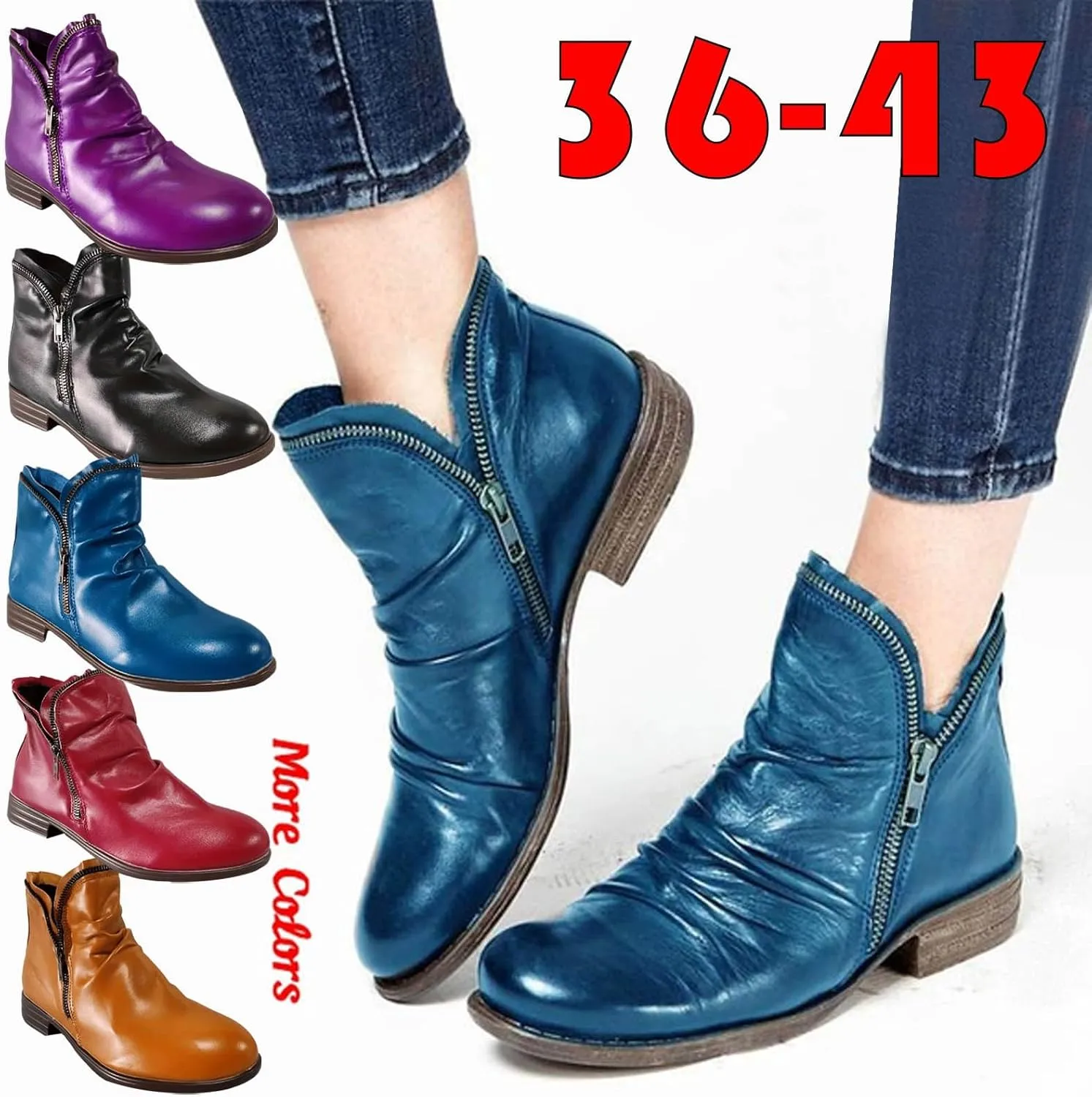 Women's Fashion Color Short Boots Autumn Winter Low Heel Boots Retro Side Zipper Soft Insole Square Heel Round Toe