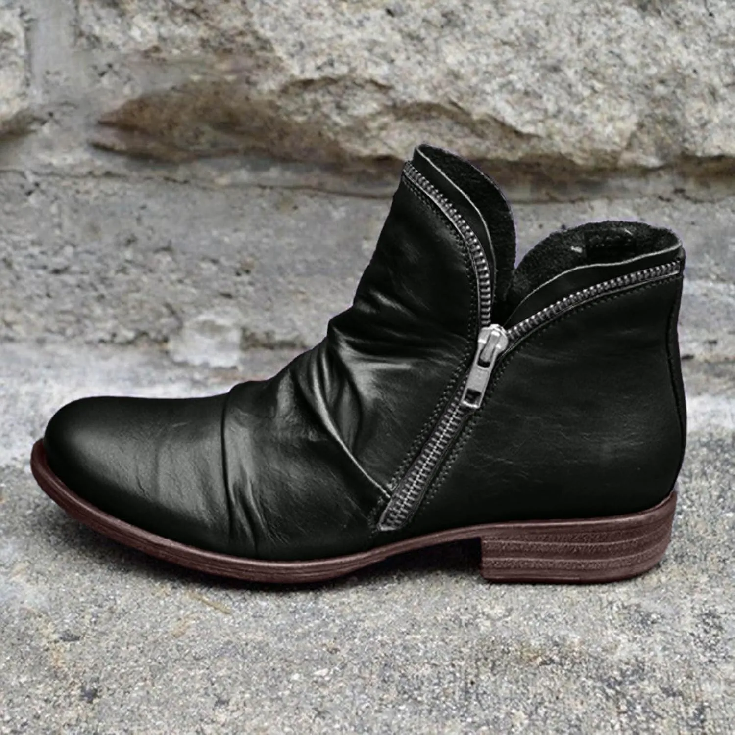 Women's Fashion Color Short Boots Autumn Winter Low Heel Boots Retro Side Zipper Soft Insole Square Heel Round Toe