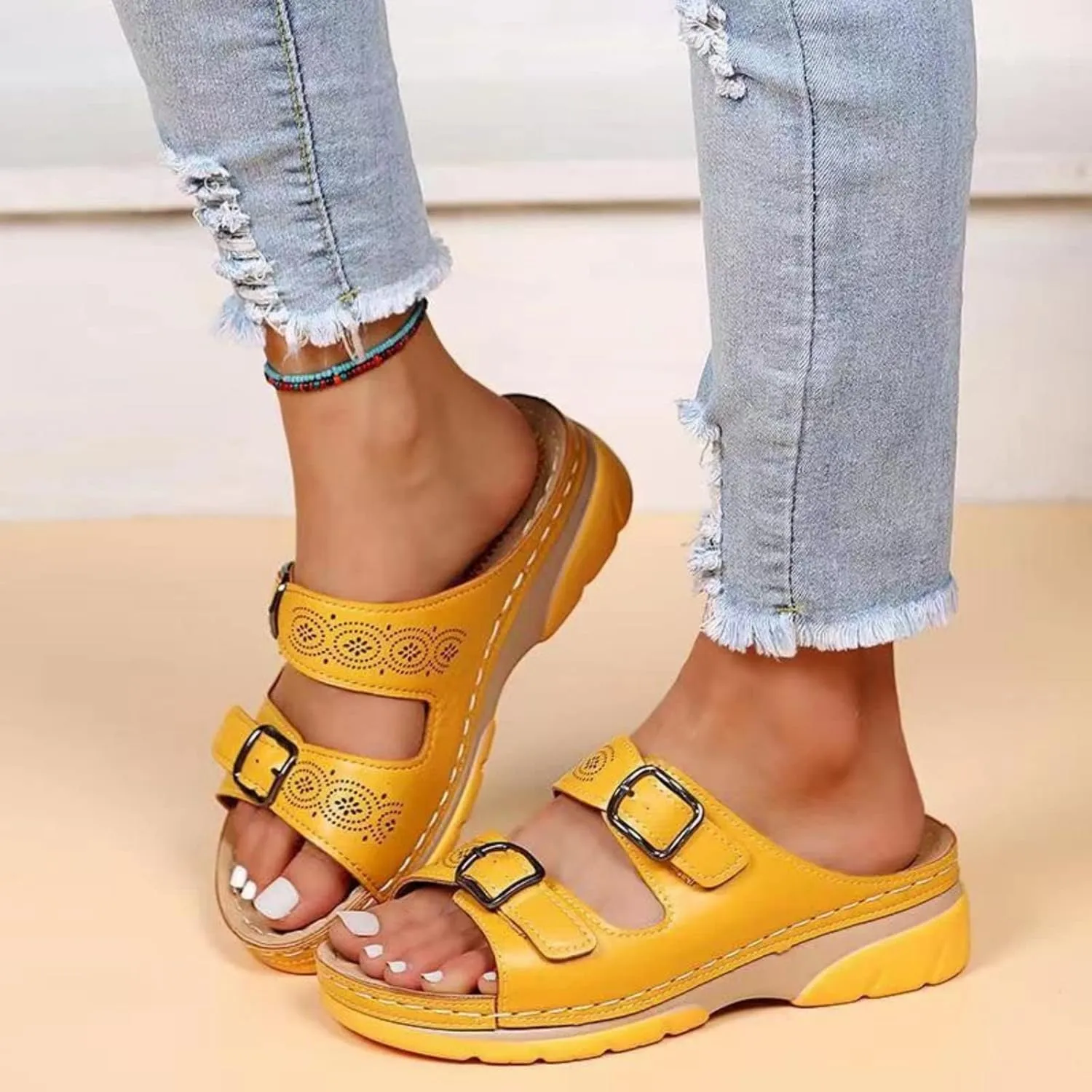 Women's Faux Leather Sandals With Arch Support Summer Breathable Adjustable Orthopedic Diabetic Wedge Slip On Sandals Outdoor Casual Anti-Slip Open Toe Walking Beach Slippers