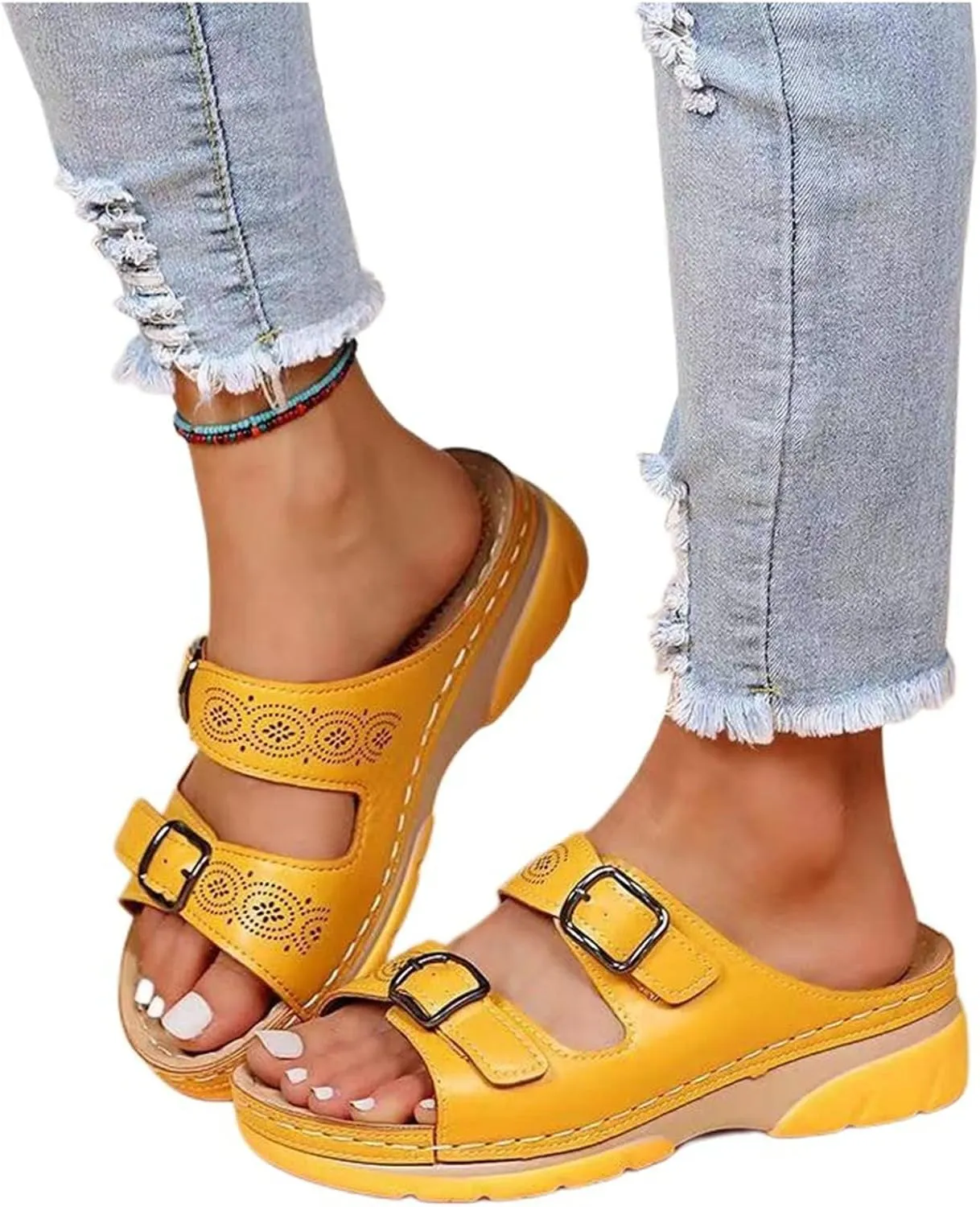 Women's Faux Leather Sandals With Arch Support Summer Breathable Adjustable Orthopedic Diabetic Wedge Slip On Sandals Outdoor Casual Anti-Slip Open Toe Walking Beach Slippers