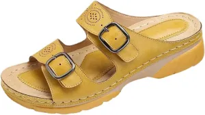 Women's Faux Leather Sandals With Arch Support Summer Breathable Adjustable Orthopedic Diabetic Wedge Slip On Sandals Outdoor Casual Anti-Slip Open Toe Walking Beach Slippers