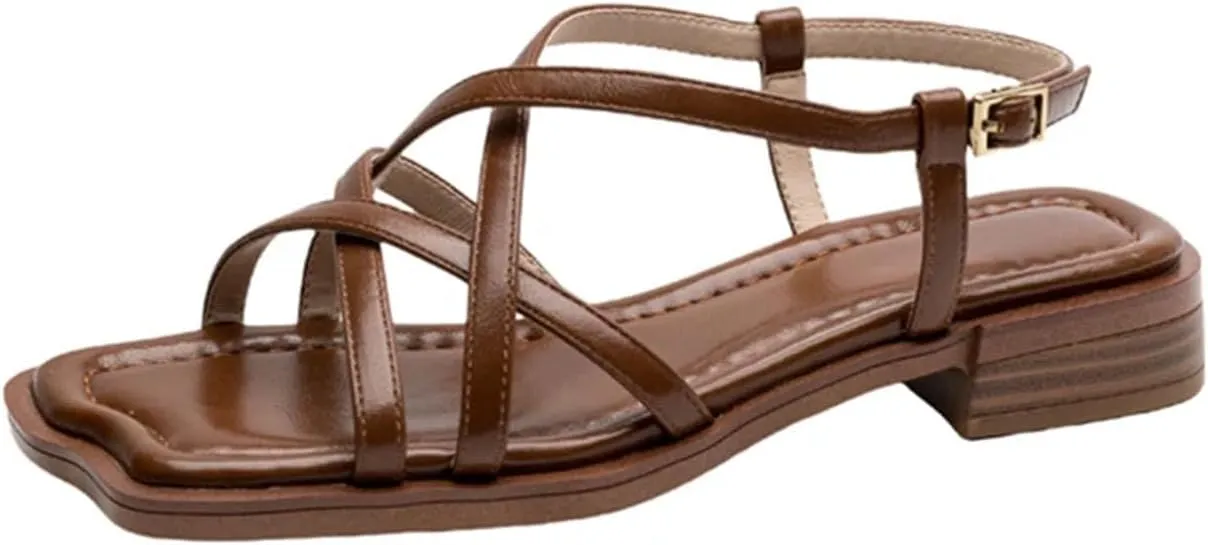 Women's Genuine Leather Ankle Strap Sandals - Low Heels, Office Party, Casual Fashion Shoes