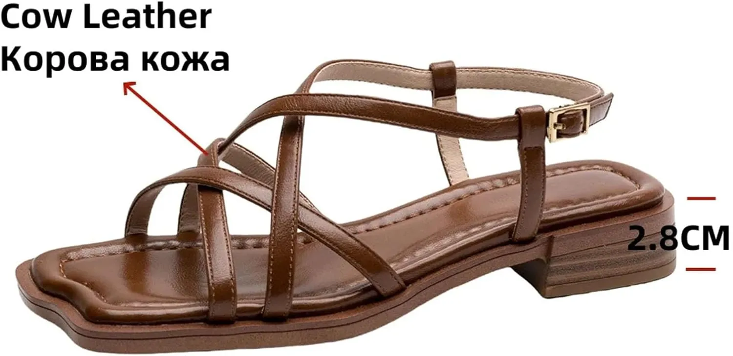 Women's Genuine Leather Ankle Strap Sandals - Low Heels, Office Party, Casual Fashion Shoes