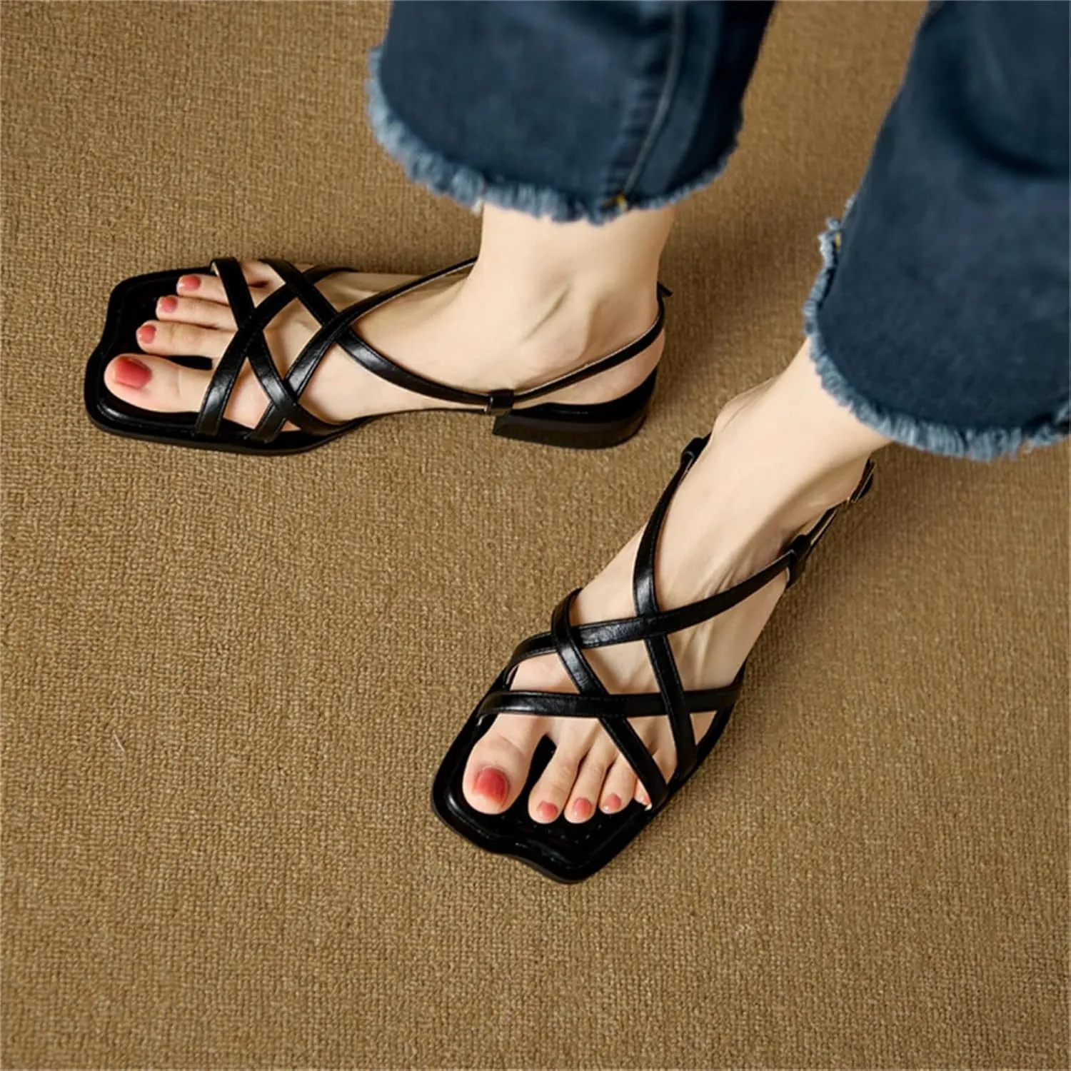 Women's Genuine Leather Ankle Strap Sandals - Low Heels, Office Party, Casual Fashion Shoes