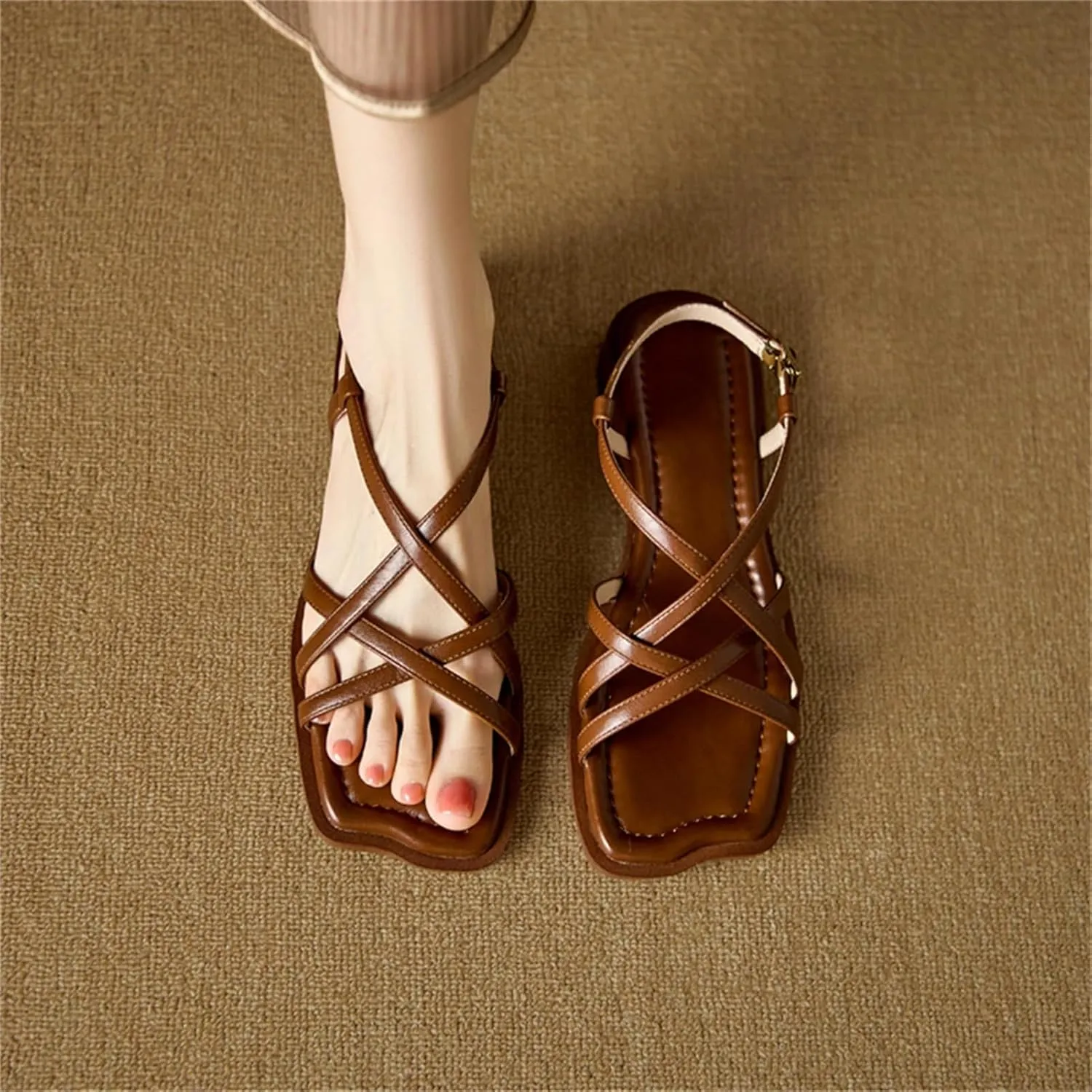 Women's Genuine Leather Ankle Strap Sandals - Low Heels, Office Party, Casual Fashion Shoes