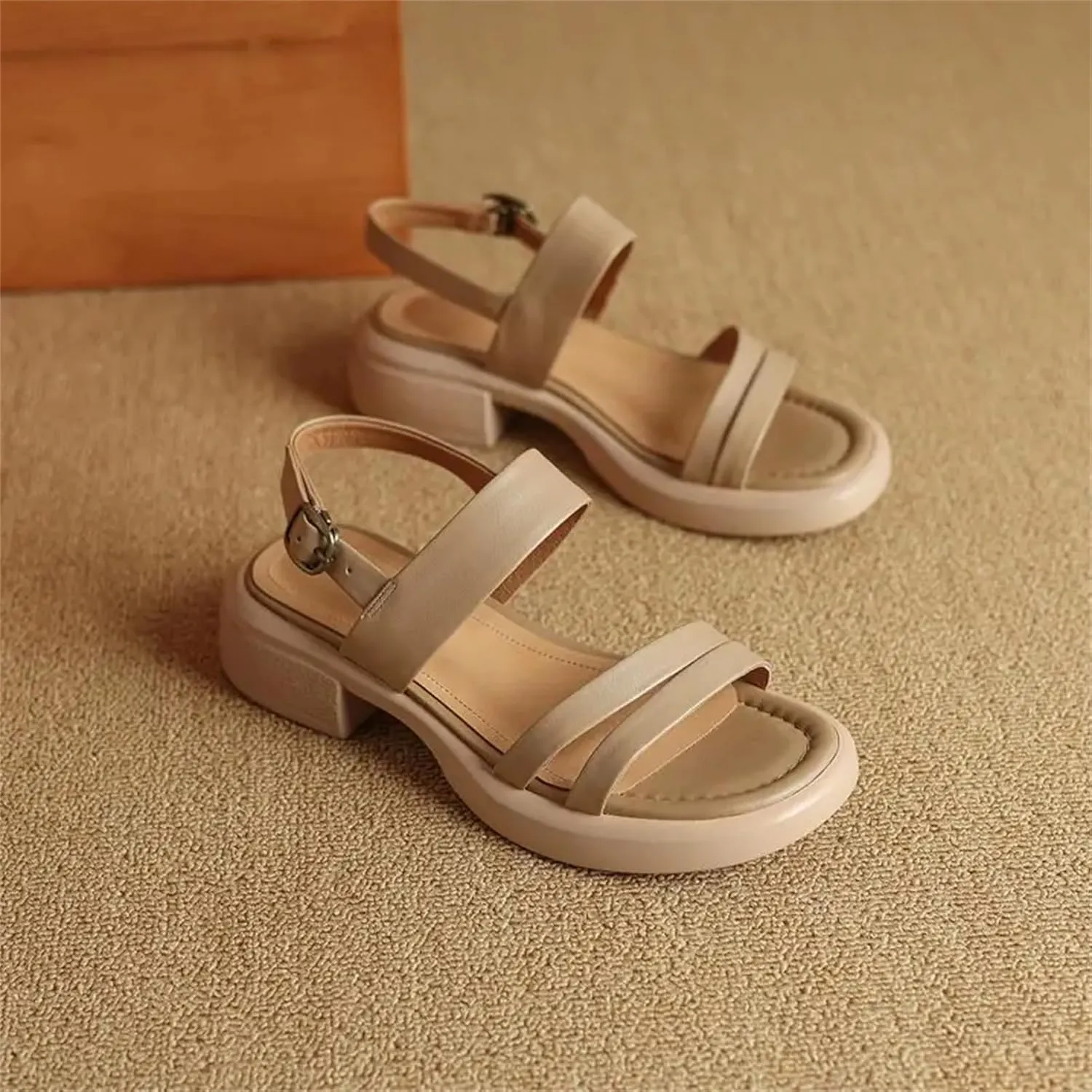 Women's Genuine Leather Buckle Sandals - Chunky Heels Summer Office, Handmade Dress Shoes