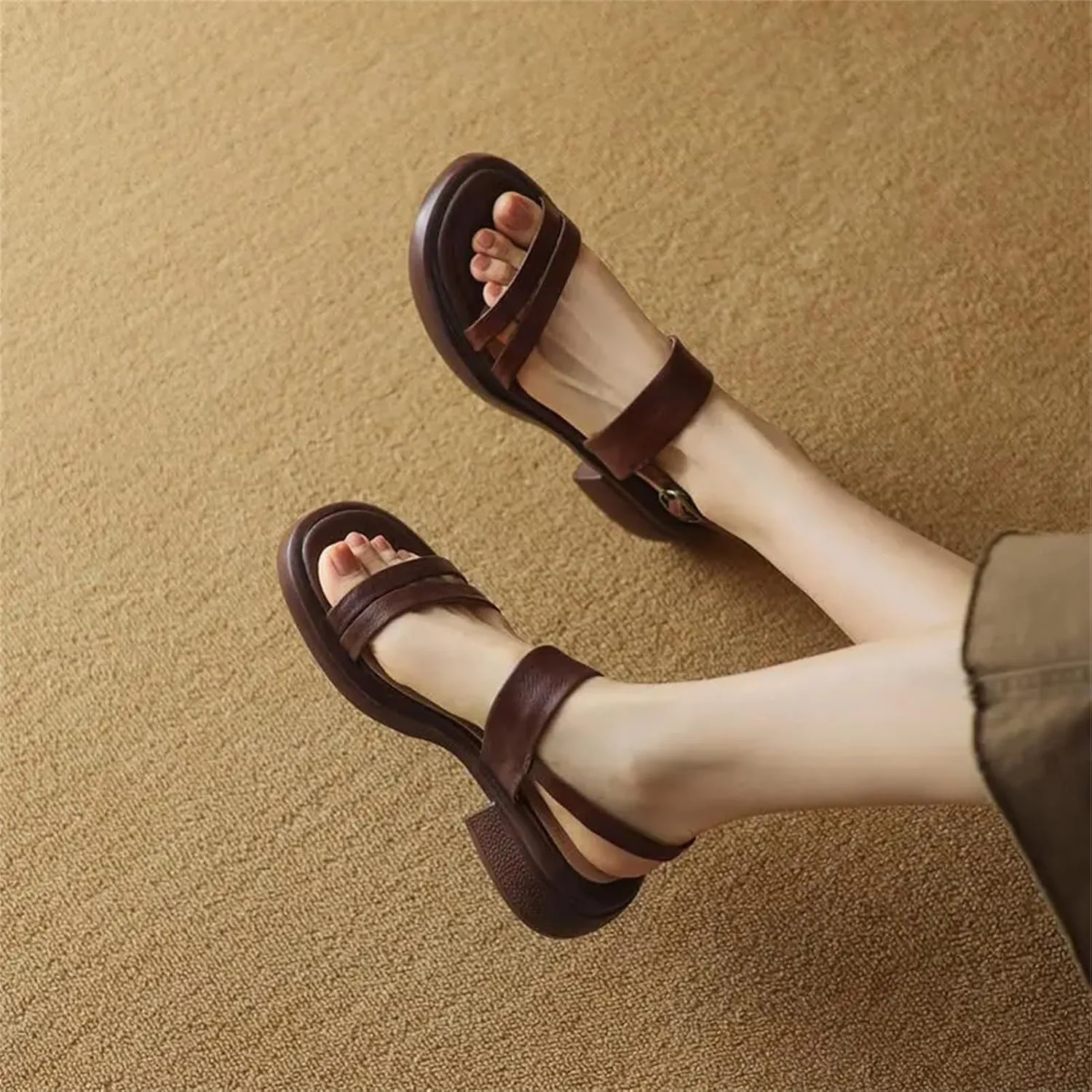 Women's Genuine Leather Buckle Sandals - Chunky Heels Summer Office, Handmade Dress Shoes