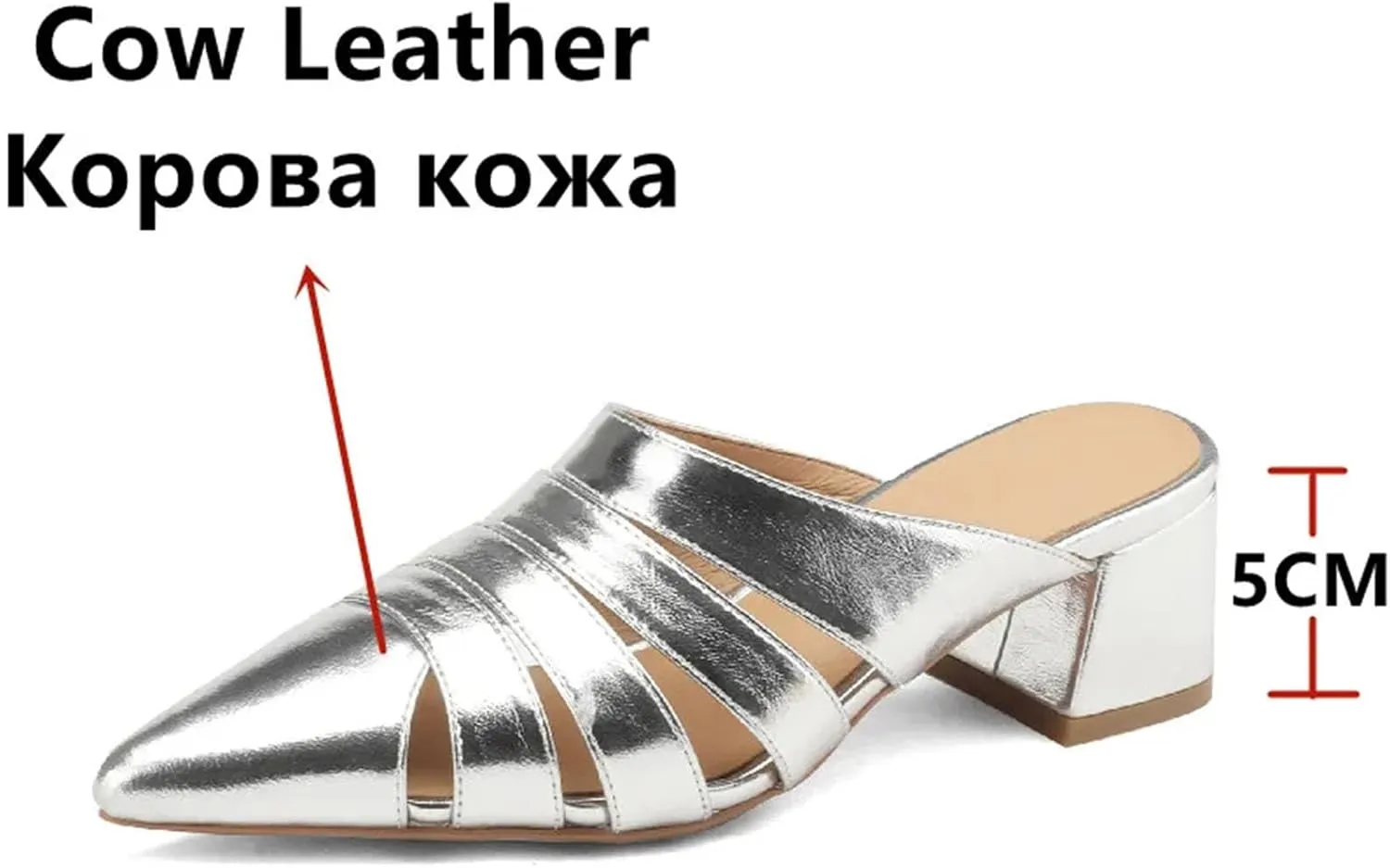Women's Genuine Leather Hollow Mules - Point Toe, Thick Heels, Spring Summer Fashion Slippers