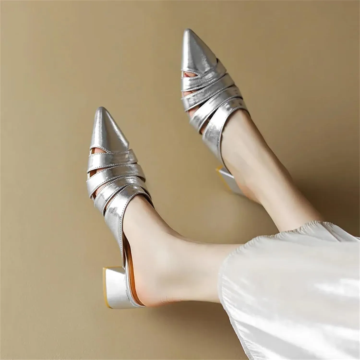 Women's Genuine Leather Hollow Mules - Point Toe, Thick Heels, Spring Summer Fashion Slippers