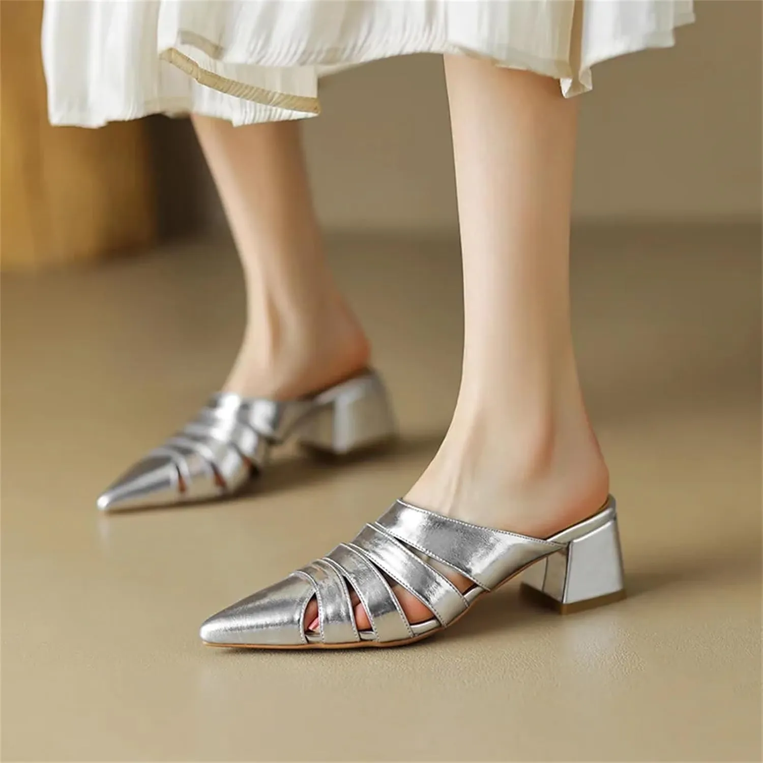 Women's Genuine Leather Hollow Mules - Point Toe, Thick Heels, Spring Summer Fashion Slippers