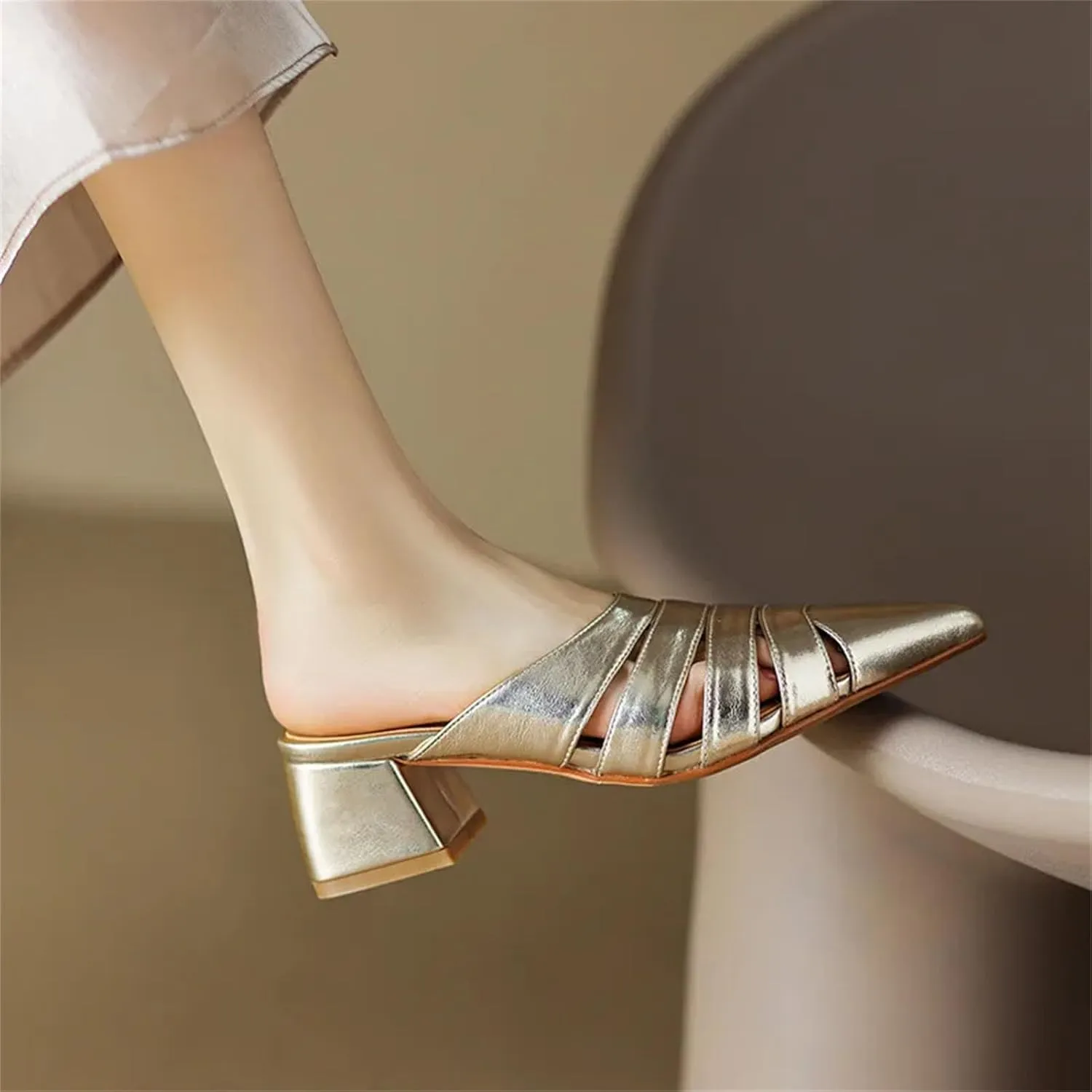 Women's Genuine Leather Hollow Mules - Point Toe, Thick Heels, Spring Summer Fashion Slippers