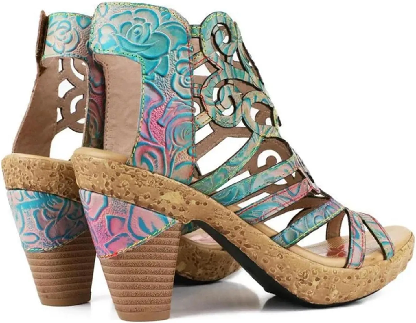 Women's Genuine Leather Moccasins - 7cm Big Size Summer Chunky Heels Print Hollow