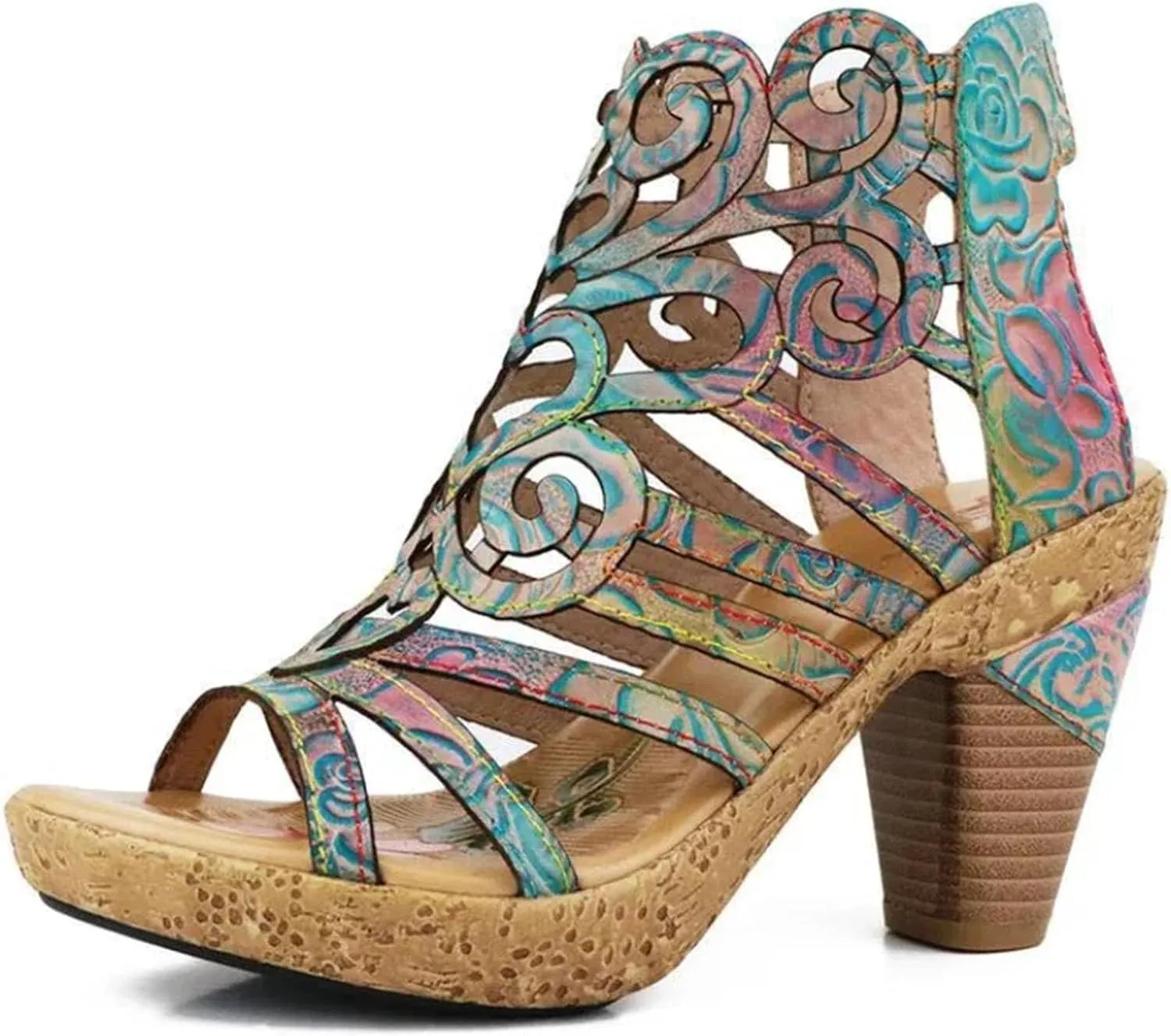 Women's Genuine Leather Moccasins - 7cm Big Size Summer Chunky Heels Print Hollow