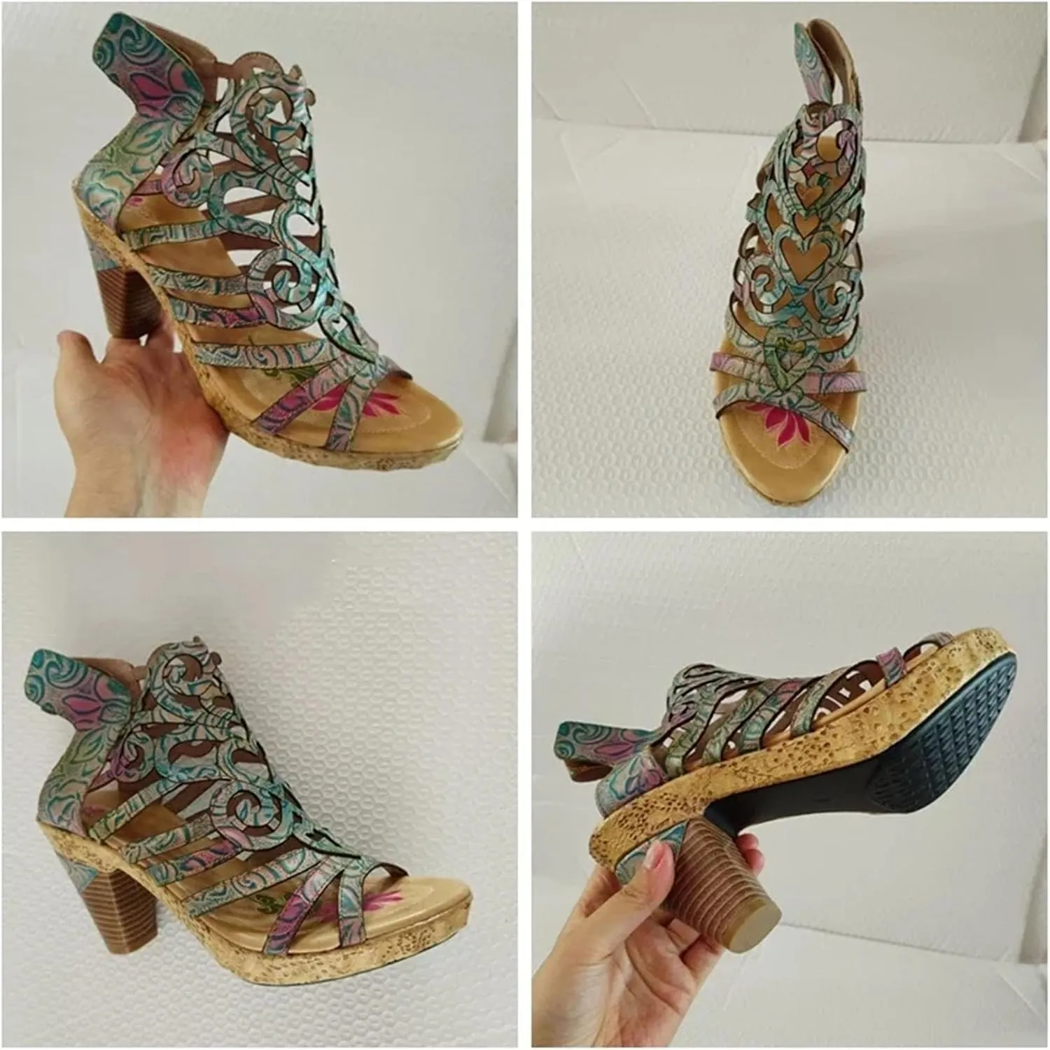 Women's Genuine Leather Moccasins - 7cm Big Size Summer Chunky Heels Print Hollow