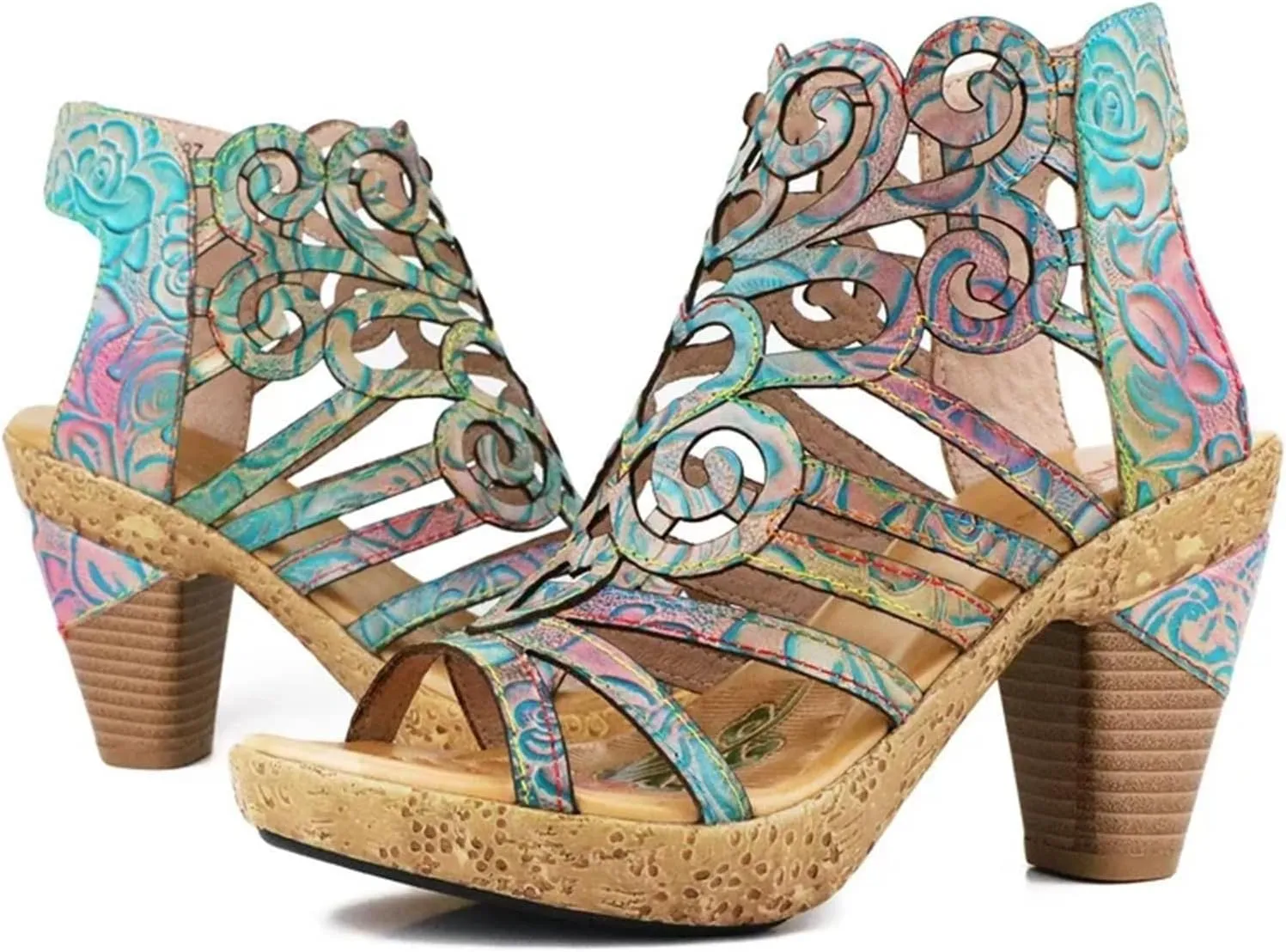 Women's Genuine Leather Moccasins - 7cm Big Size Summer Chunky Heels Print Hollow