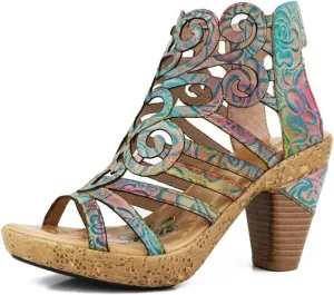 Women's Genuine Leather Moccasins - 7cm Big Size Summer Chunky Heels Print Hollow