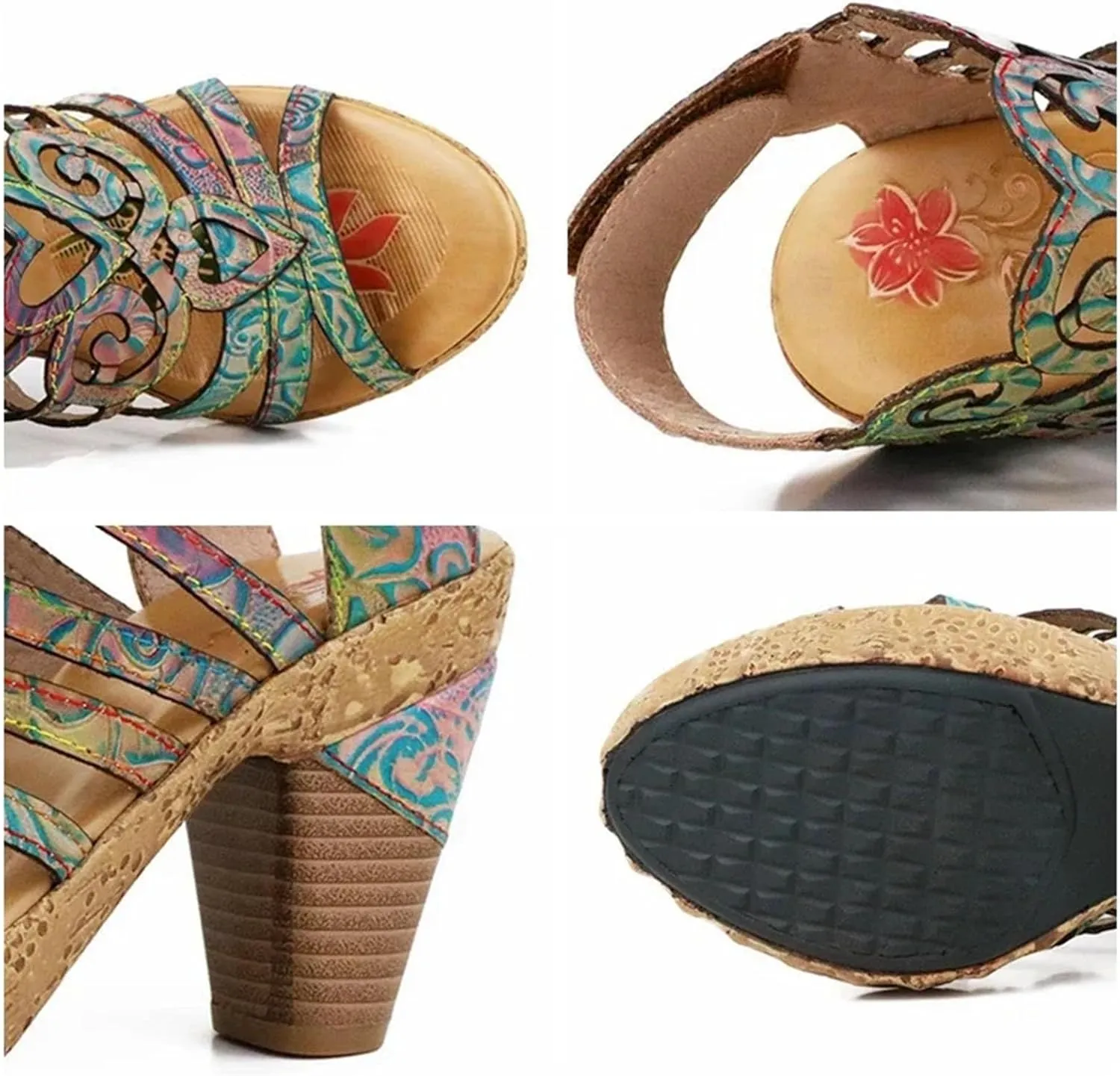 Women's Genuine Leather Moccasins - 7cm Big Size Summer Chunky Heels Print Hollow