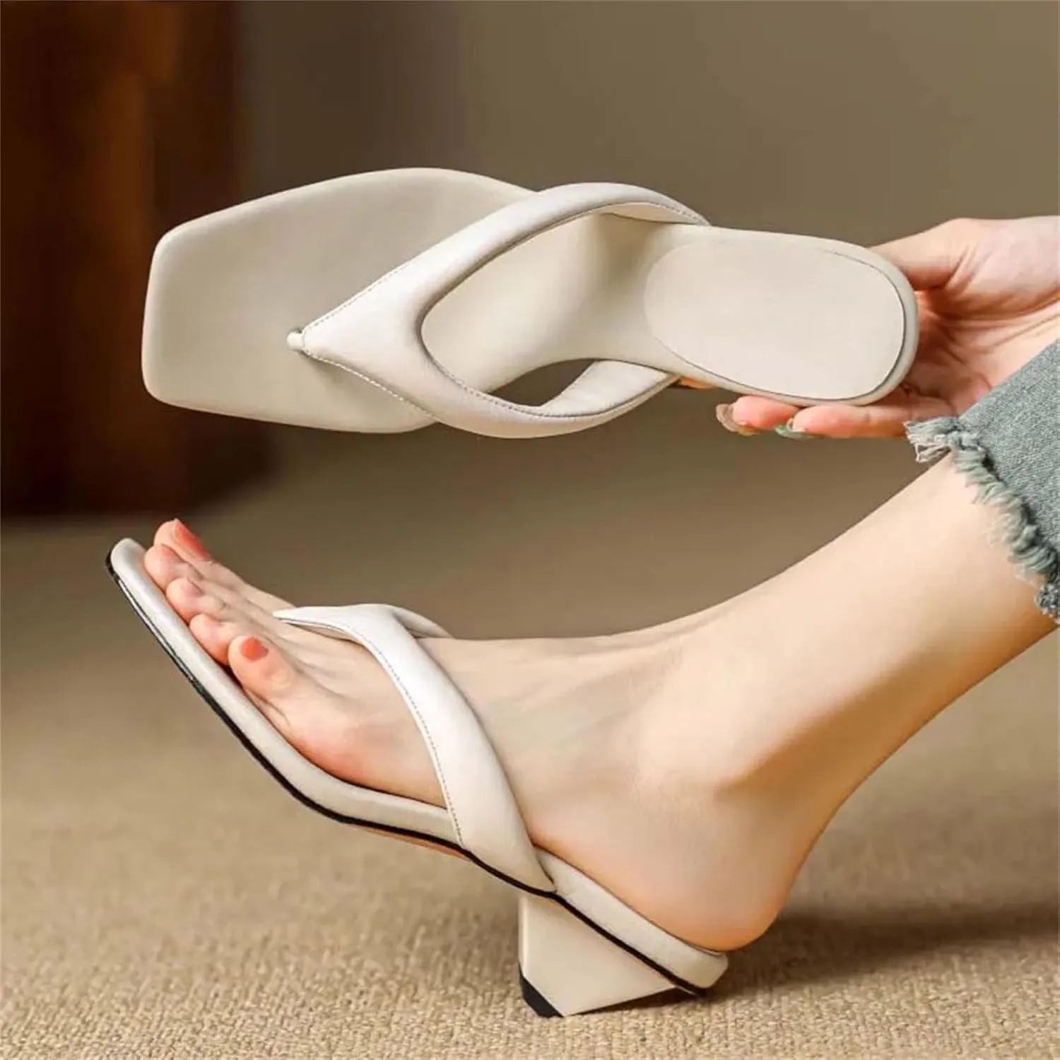 Women's Genuine Leather Open-Toe Sandals - Med Heels Black/White Summer Party Casual