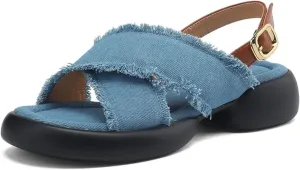 Women's Genuine Leather Platform Sandals - Thick Heels Mixed Colors, Casual Outdoor Summer Fashion