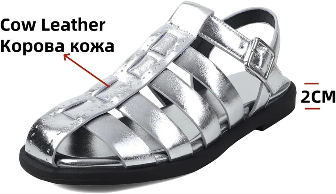 Women's Gladiator Round Toe Sandals - Genuine Leather Low Heels, Summer Casual Ankle Buckle