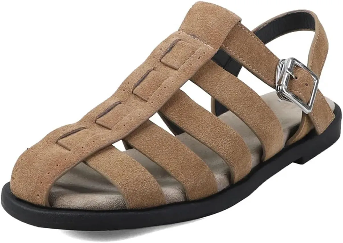 Women's Gladiator Round Toe Sandals - Genuine Leather Low Heels, Summer Casual Ankle Buckle