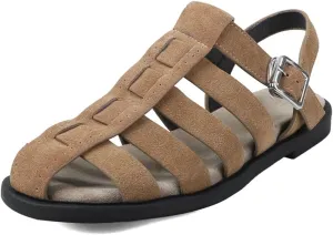 Women's Gladiator Round Toe Sandals - Genuine Leather Low Heels, Summer Casual Ankle Buckle