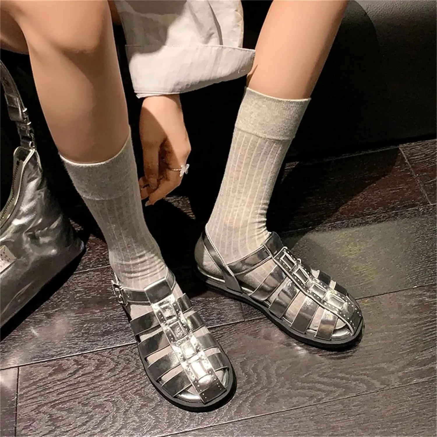 Women's Gladiator Round Toe Sandals - Genuine Leather Low Heels, Summer Casual Ankle Buckle