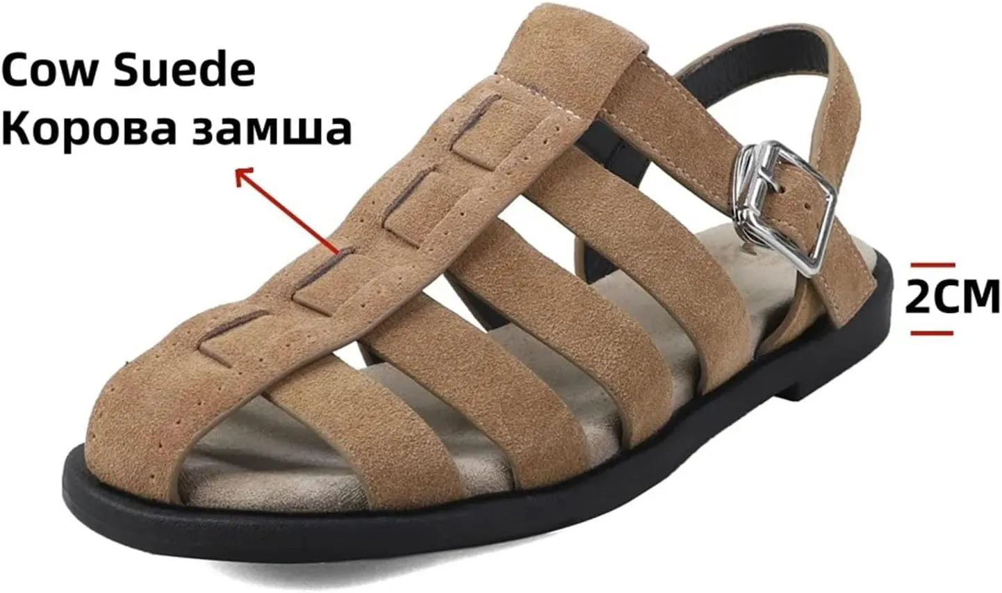 Women's Gladiator Round Toe Sandals - Genuine Leather Low Heels, Summer Casual Ankle Buckle