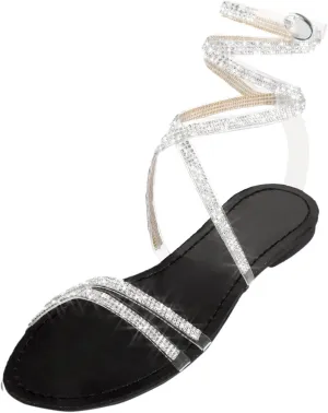 Women's Gladiator Strap Sandals Flat Comfortable Thong Rhinestone Dressy Summer Shoes Strappy Sandals for Party Prom