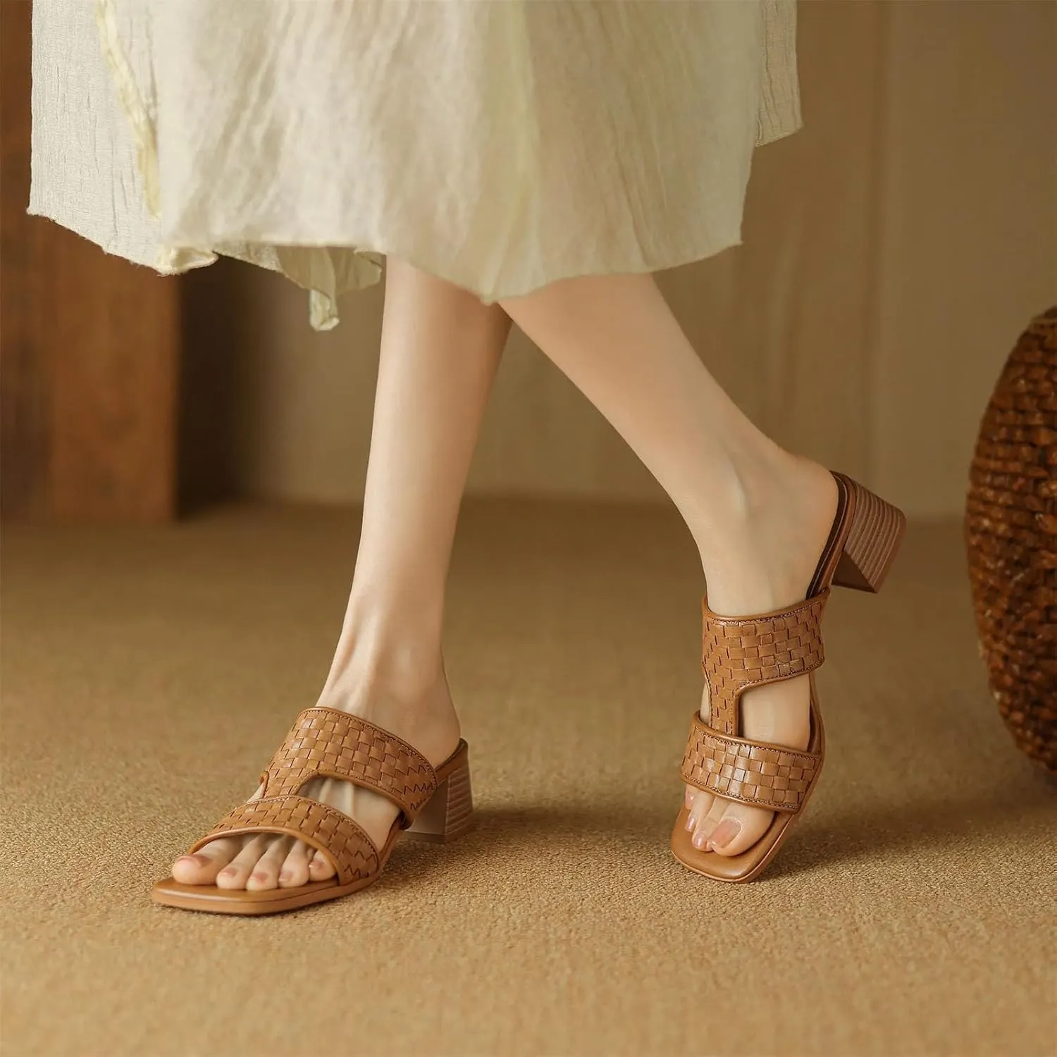 Women's Gladiator Weaving Cow Leather Mules - Thick Med Heels Summer Street Wear