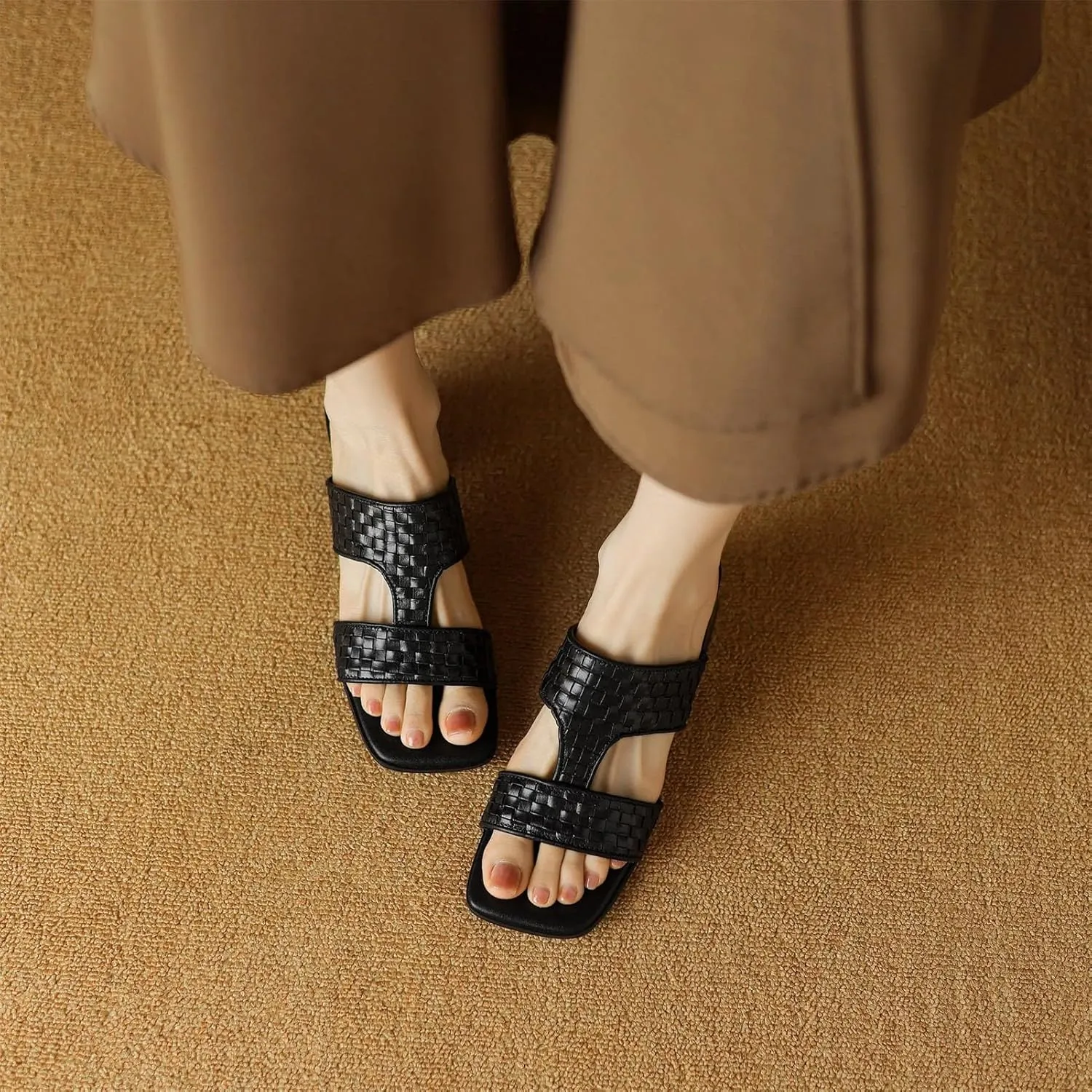 Women's Gladiator Weaving Cow Leather Mules - Thick Med Heels Summer Street Wear