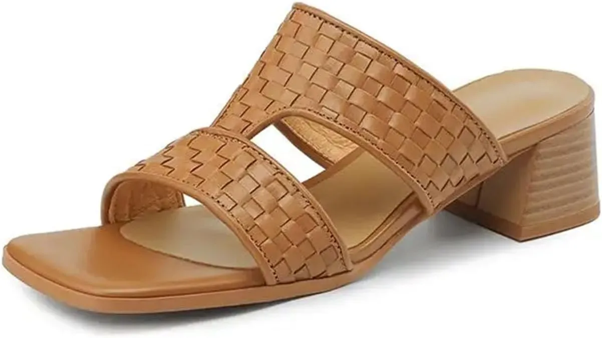Women's Gladiator Weaving Cow Leather Mules - Thick Med Heels Summer Street Wear