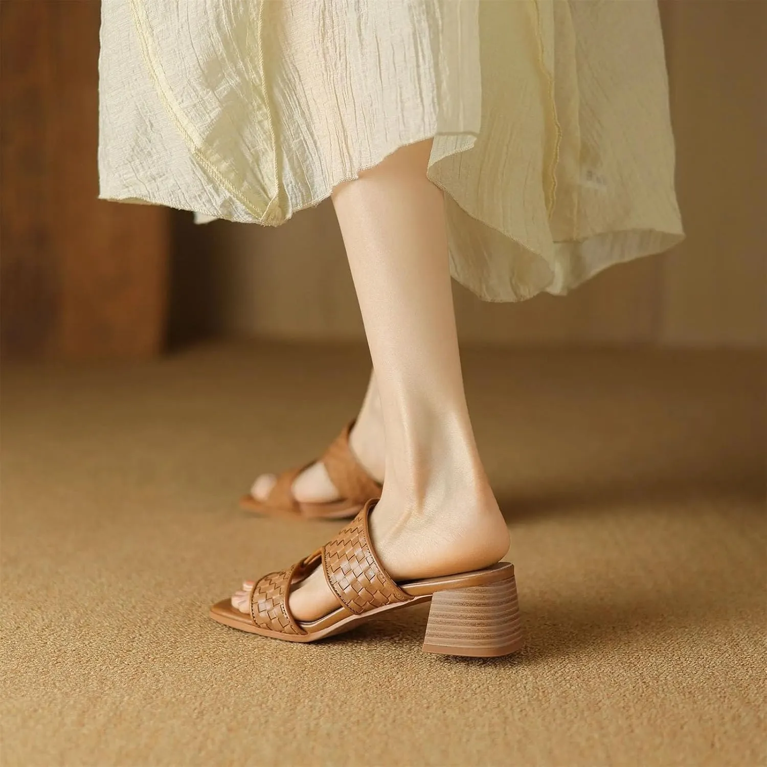 Women's Gladiator Weaving Cow Leather Mules - Thick Med Heels Summer Street Wear