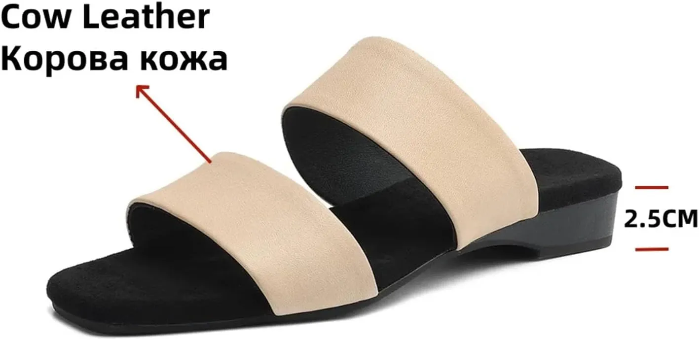 Women's Handmade Leather Sandals - Thick Low Heels, Summer Daily Walking Casual Slippers