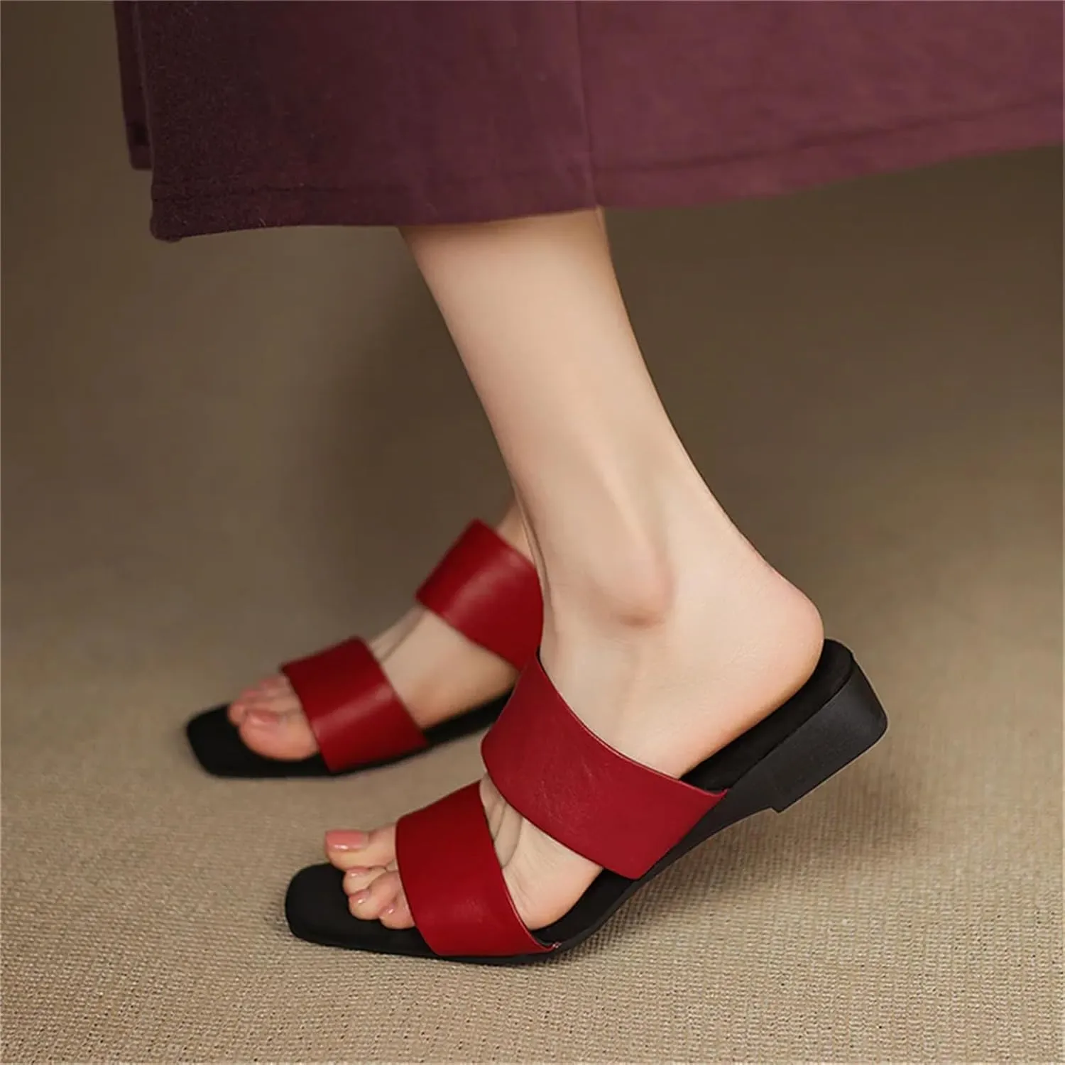 Women's Handmade Leather Sandals - Thick Low Heels, Summer Daily Walking Casual Slippers