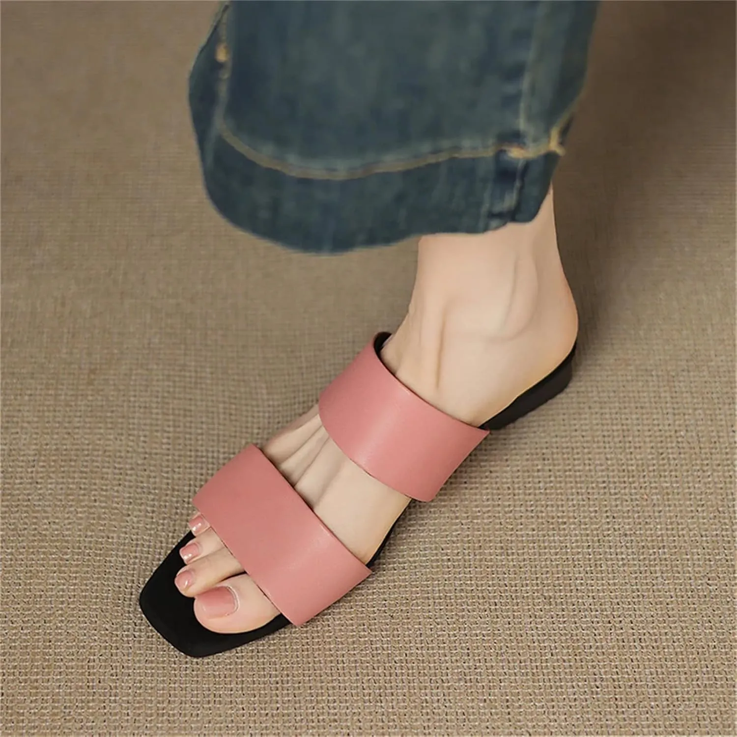 Women's Handmade Leather Sandals - Thick Low Heels, Summer Daily Walking Casual Slippers