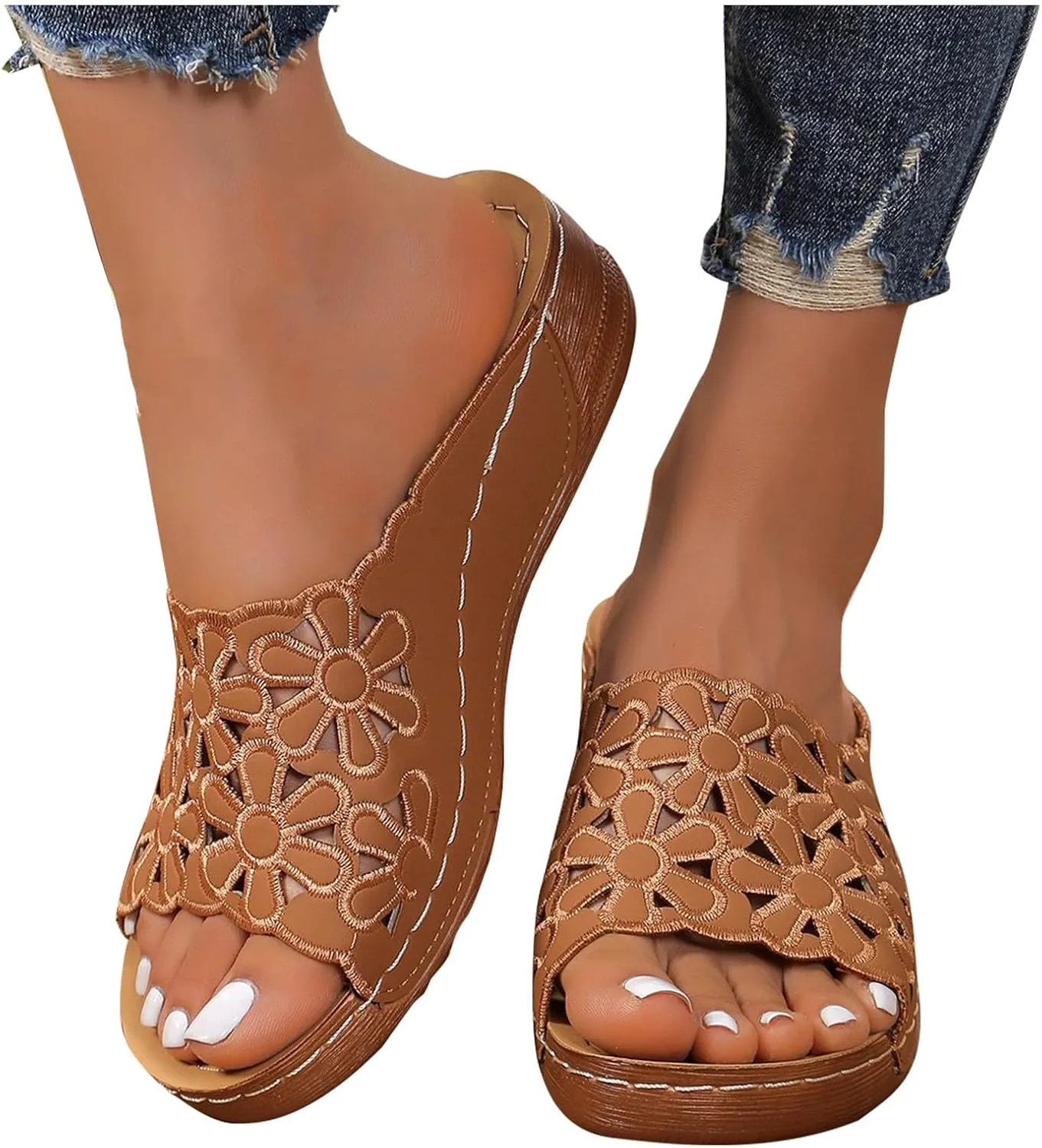 Women's Hollow Flower Beach Sandals Summer Bohemian Slides Shoes Comfort Low Wedge Slip on Sandal 2025 New