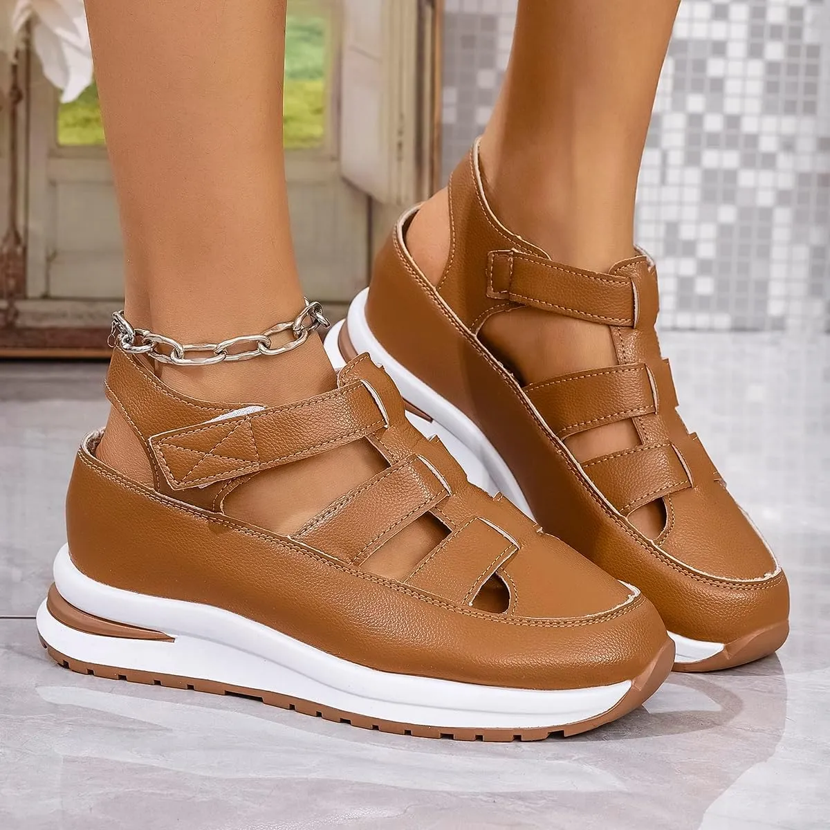 Women's Hollow Out Breathable Platform Wedge Sandals Adjustable Strap Sports Comfortable Shoes Lightweight Walking Shoes