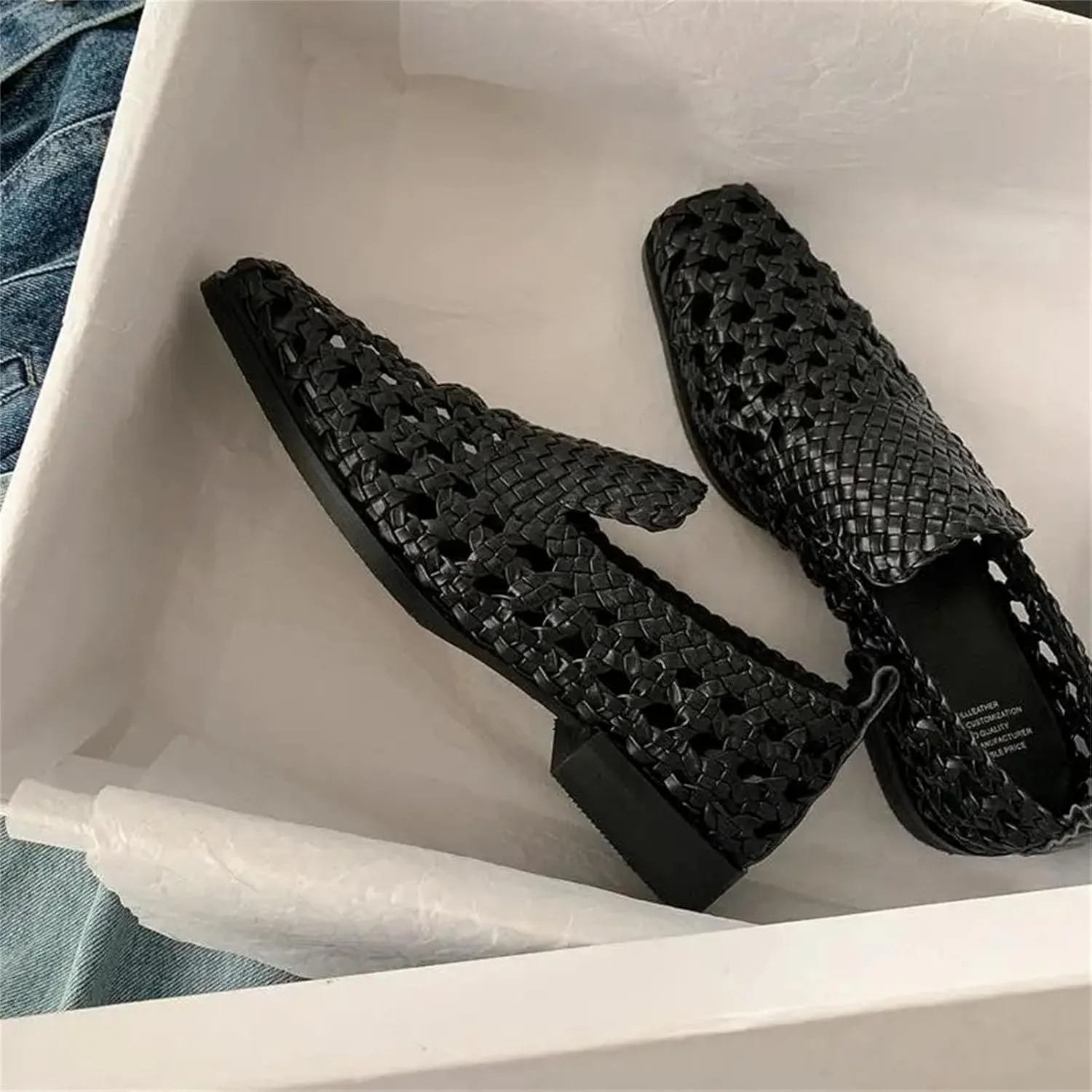 Women's Imitation Leather Loafers - Hollow Square Low Heels, Summer Office Dress Shoes