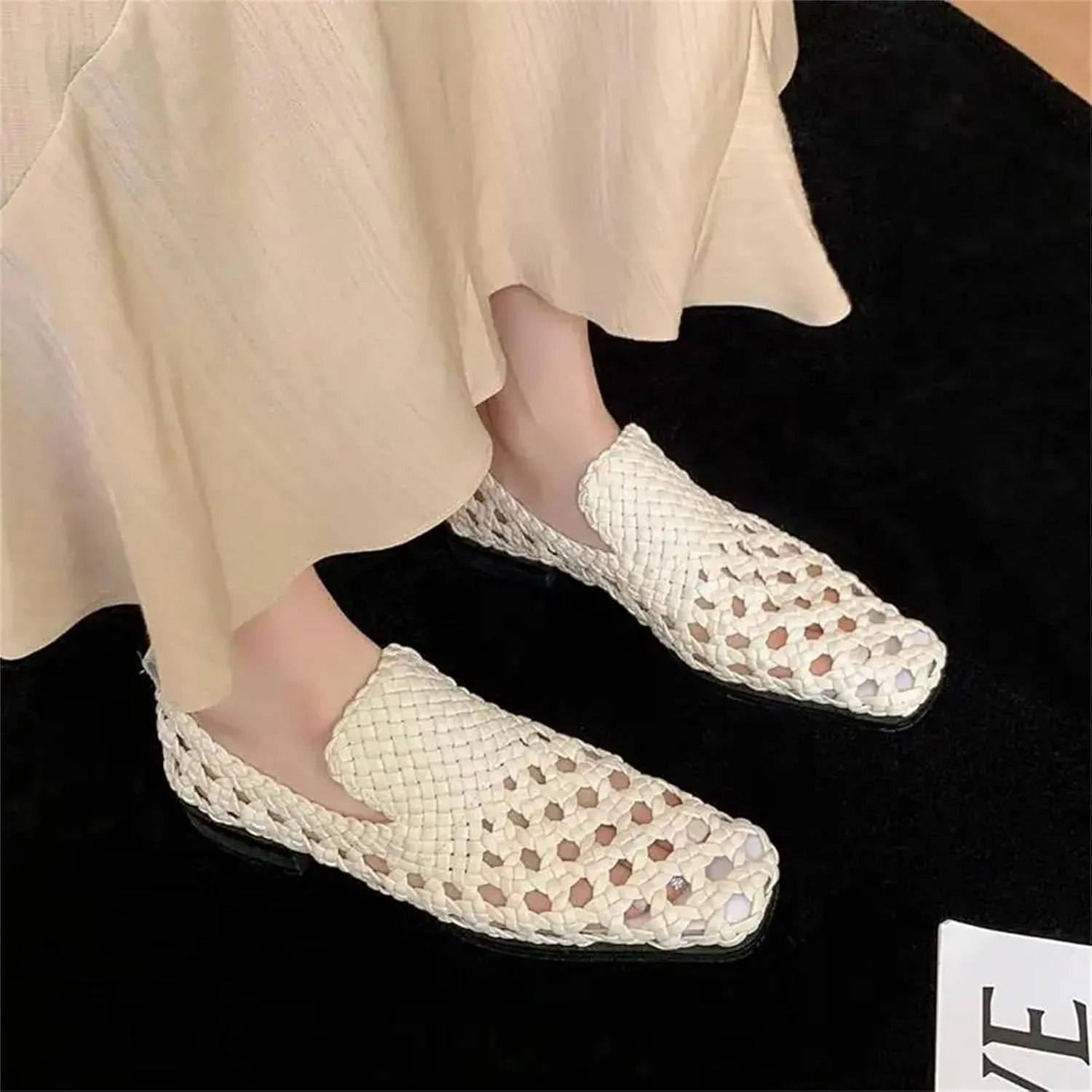 Women's Imitation Leather Loafers - Hollow Square Low Heels, Summer Office Dress Shoes
